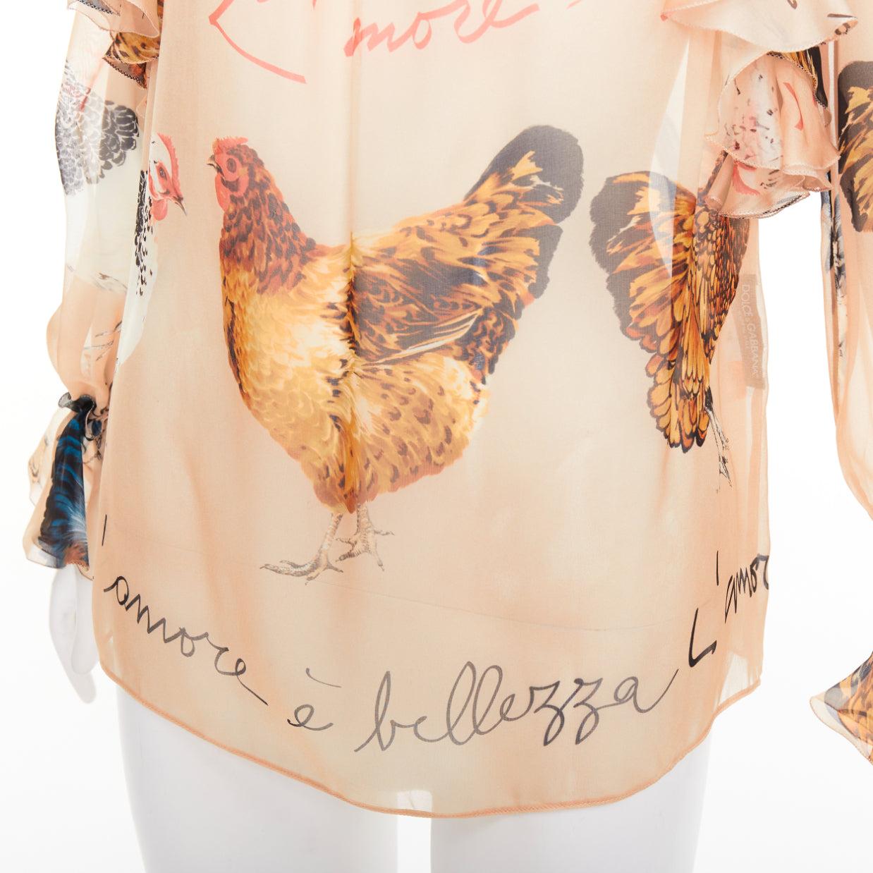 DOLCE GABBANA 100% silk beige chiken hen print sheer ruffled blouse IT38 XS in vendita 2