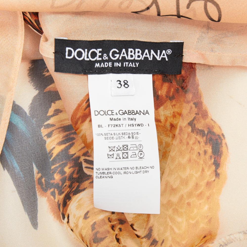 DOLCE GABBANA 100% silk beige chiken hen print sheer ruffled blouse IT38 XS in vendita 3