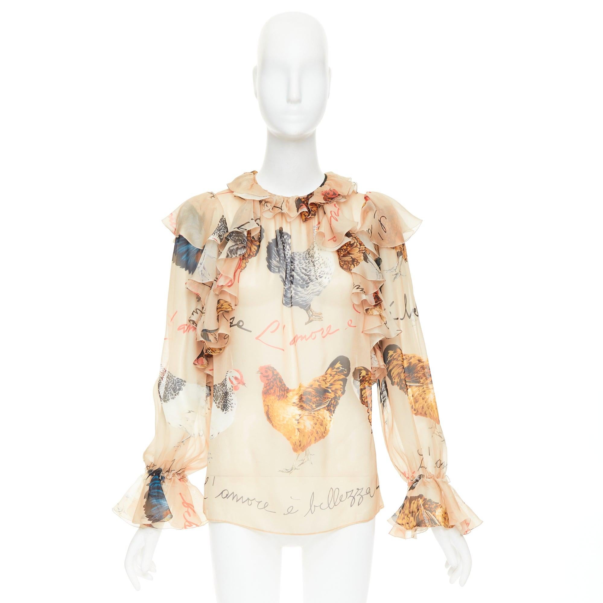 DOLCE GABBANA 100% silk beige chiken hen print sheer ruffled blouse IT38 XS in vendita 4