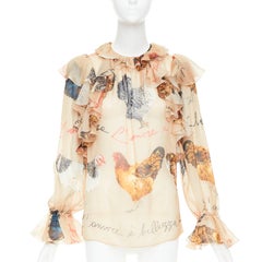 DOLCE GABBANA 100% silk beige chiken hen print sheer ruffled blouse IT38 XS