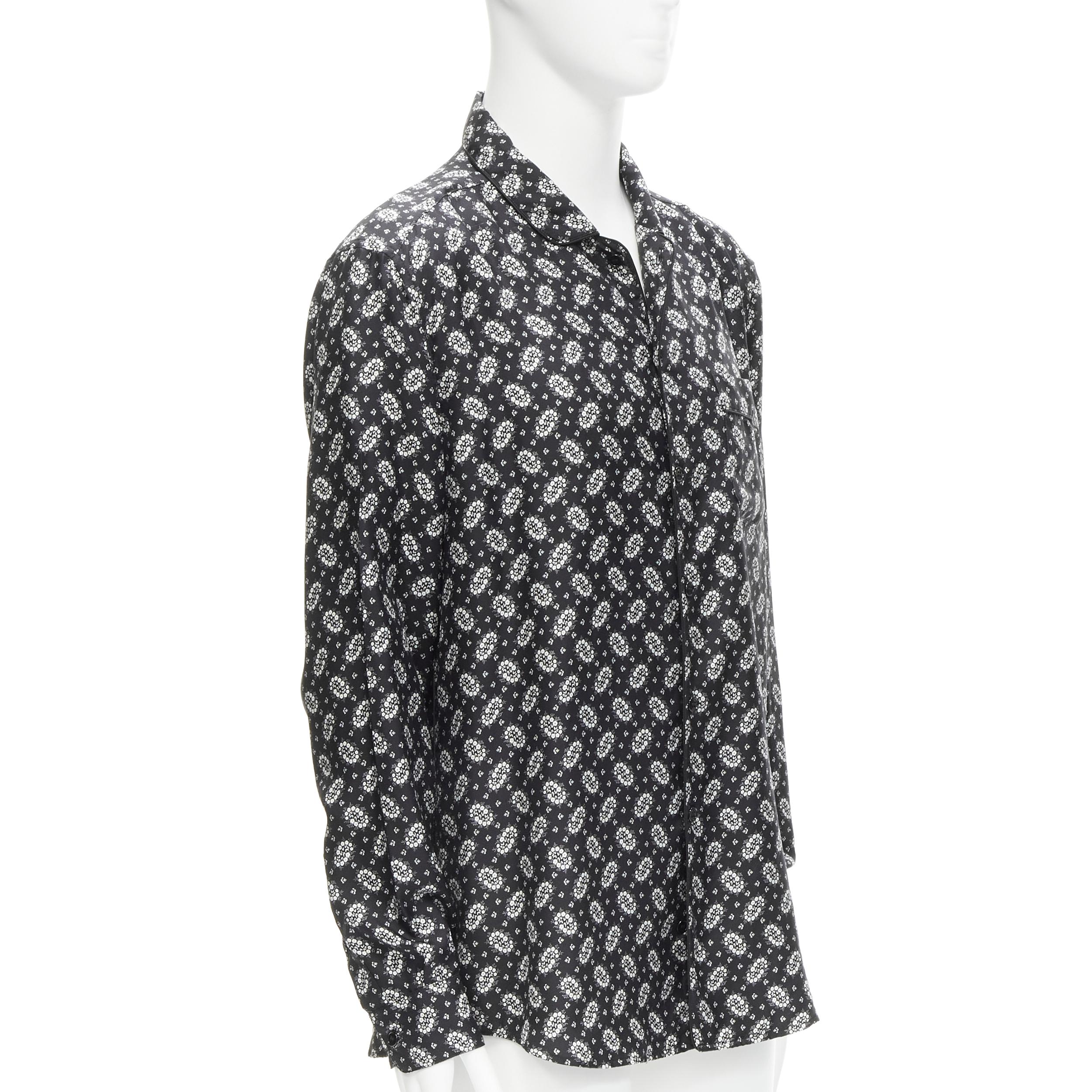 Black DOLCE GABBANA 100 silk black white floral print pajama shirt IT5 L For Sale