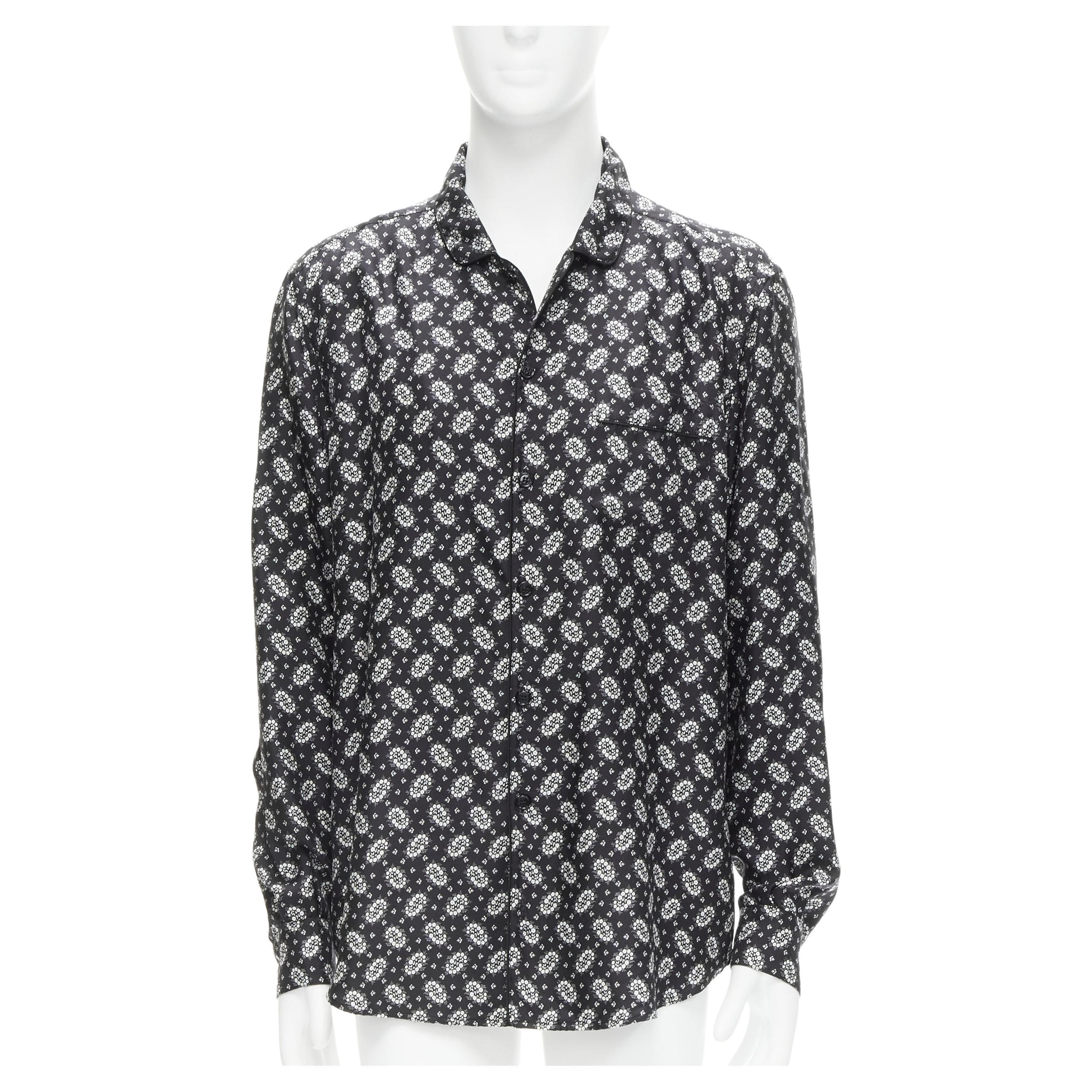 DOLCE GABBANA 100 Pajama-Hemd aus schwarzer und weißer Seide mit Blumendruck IT5 L im Angebot