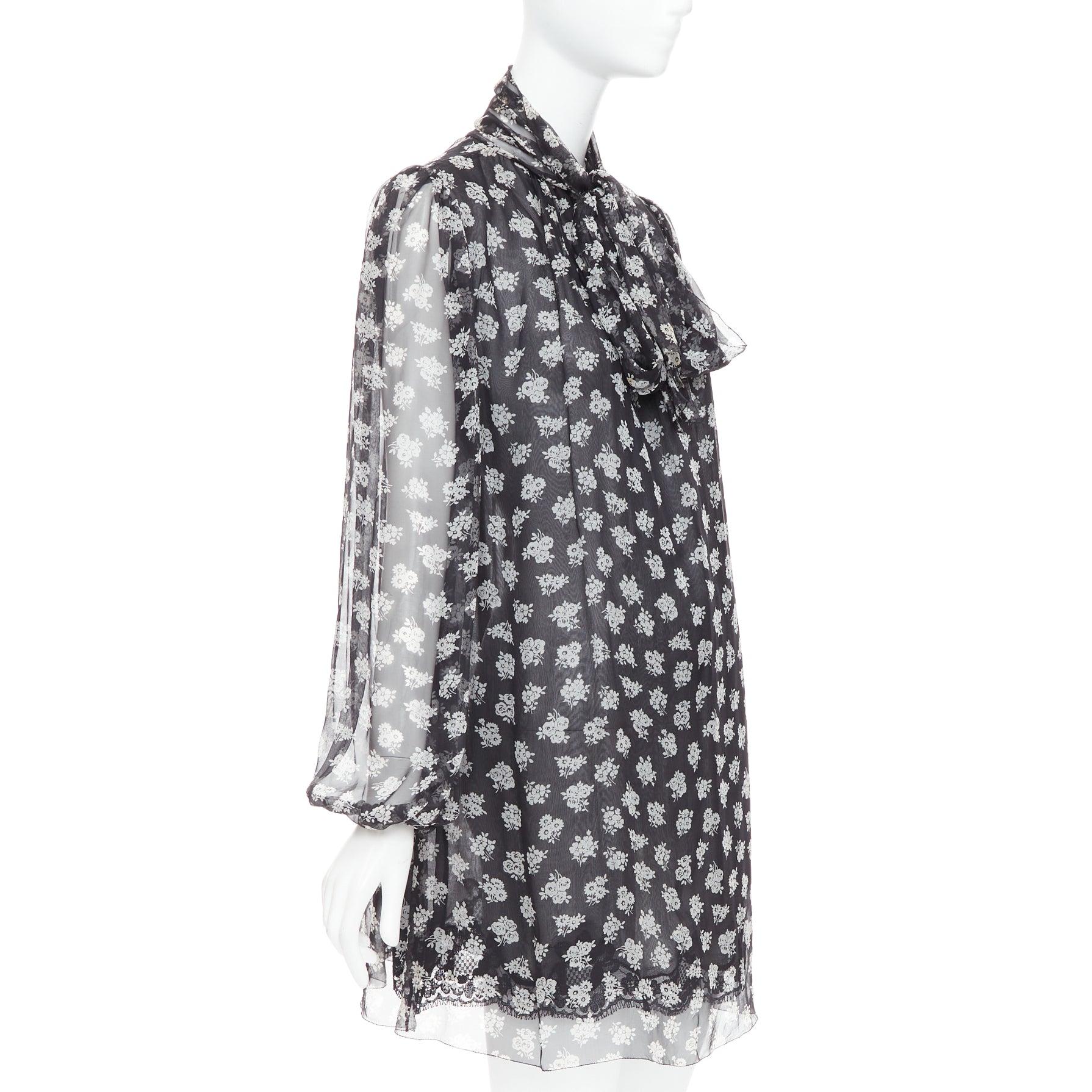 Gris DOLCE GABBANA 100% soie  robe à cravate en tissu floral noir et blanc IT40 S en vente