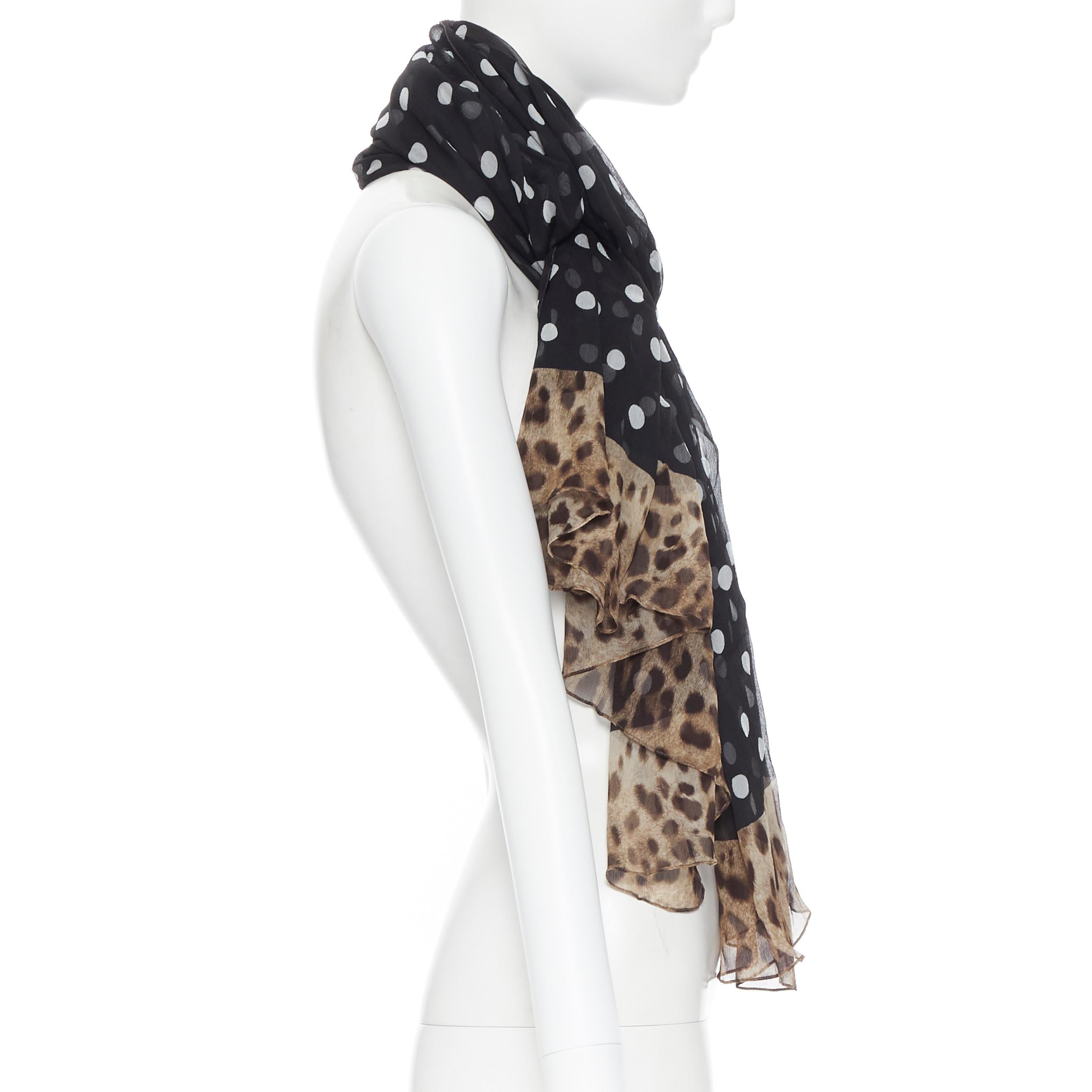 DOLCE GABBANA 100% silk black white polka dot leopard spot print scarf ...