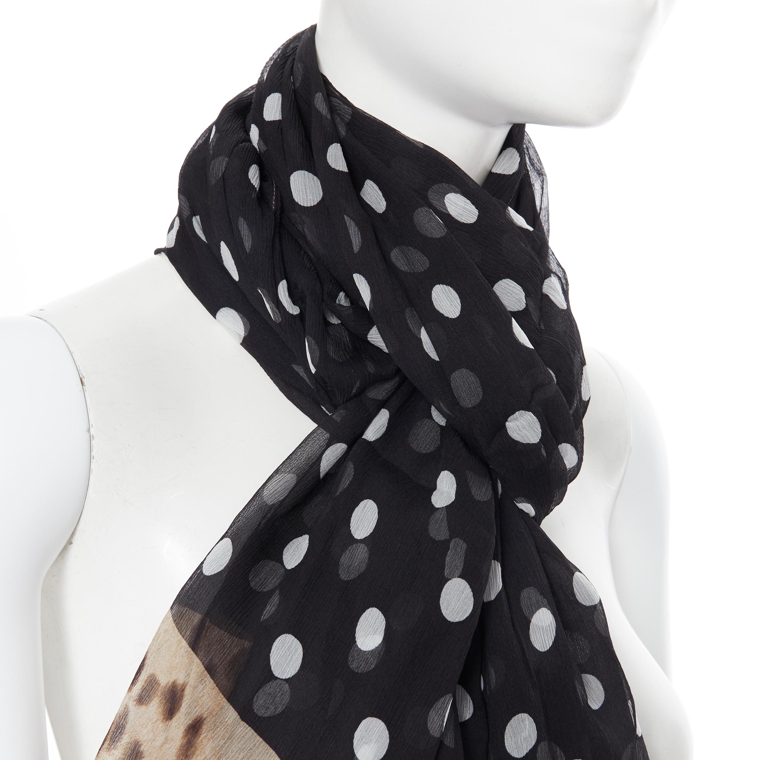 Black DOLCE GABBANA 100% silk black white polka dot leopard spot print scarf