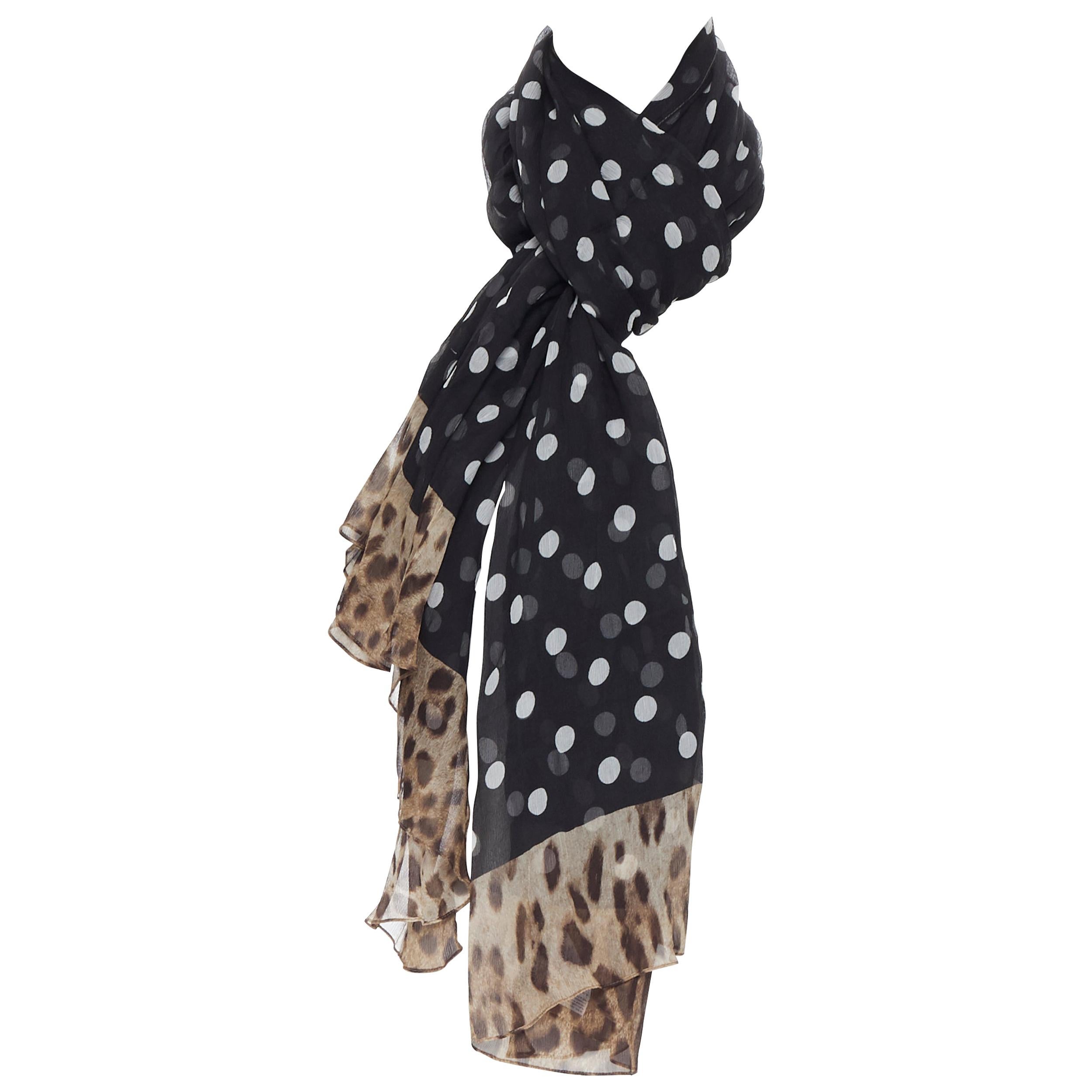 DOLCE GABBANA 100% silk black white polka dot leopard spot print scarf