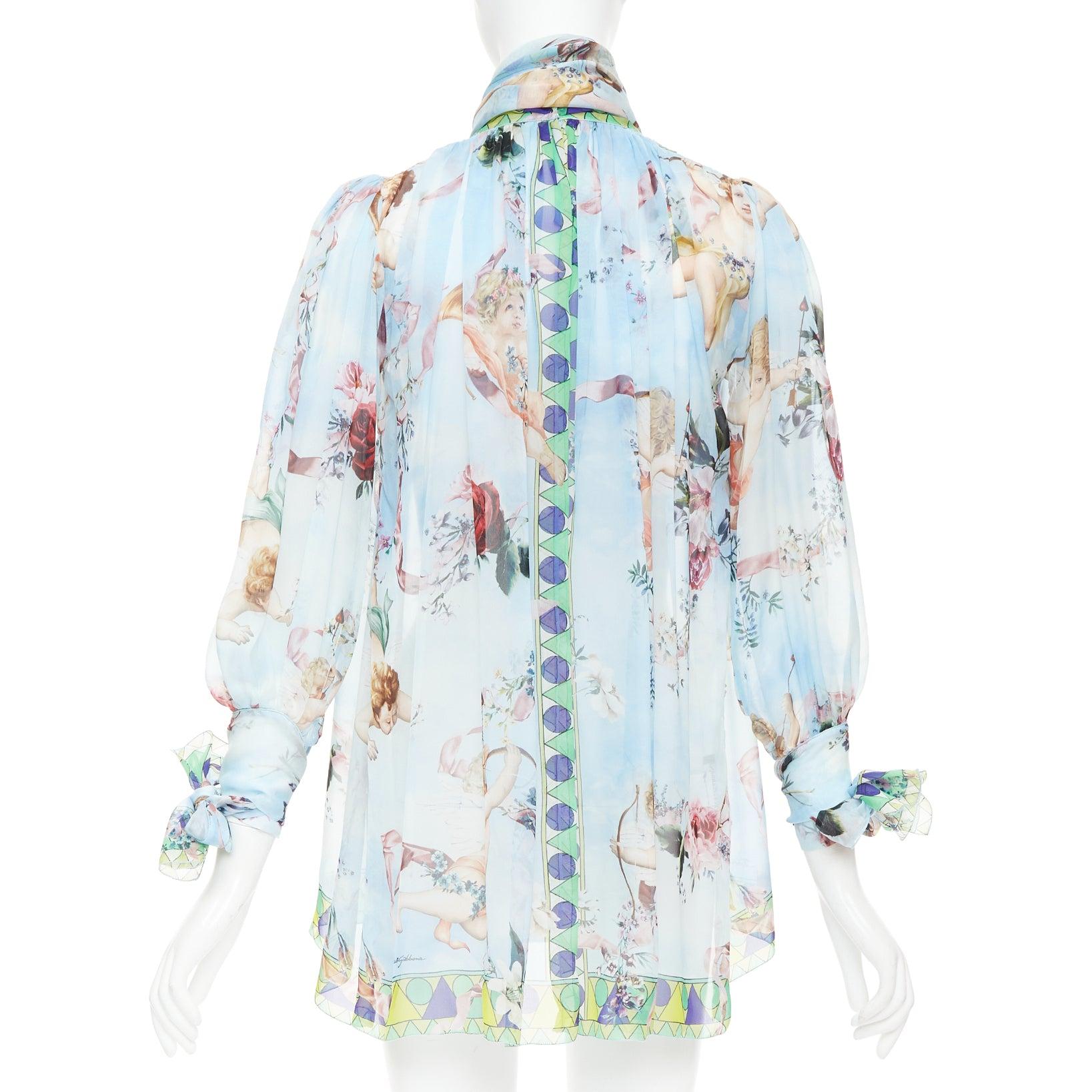 DOLCE GABBANA  100% silk blue Cherub Cupids print pussybow sheer blouse IT40 S Damen im Angebot