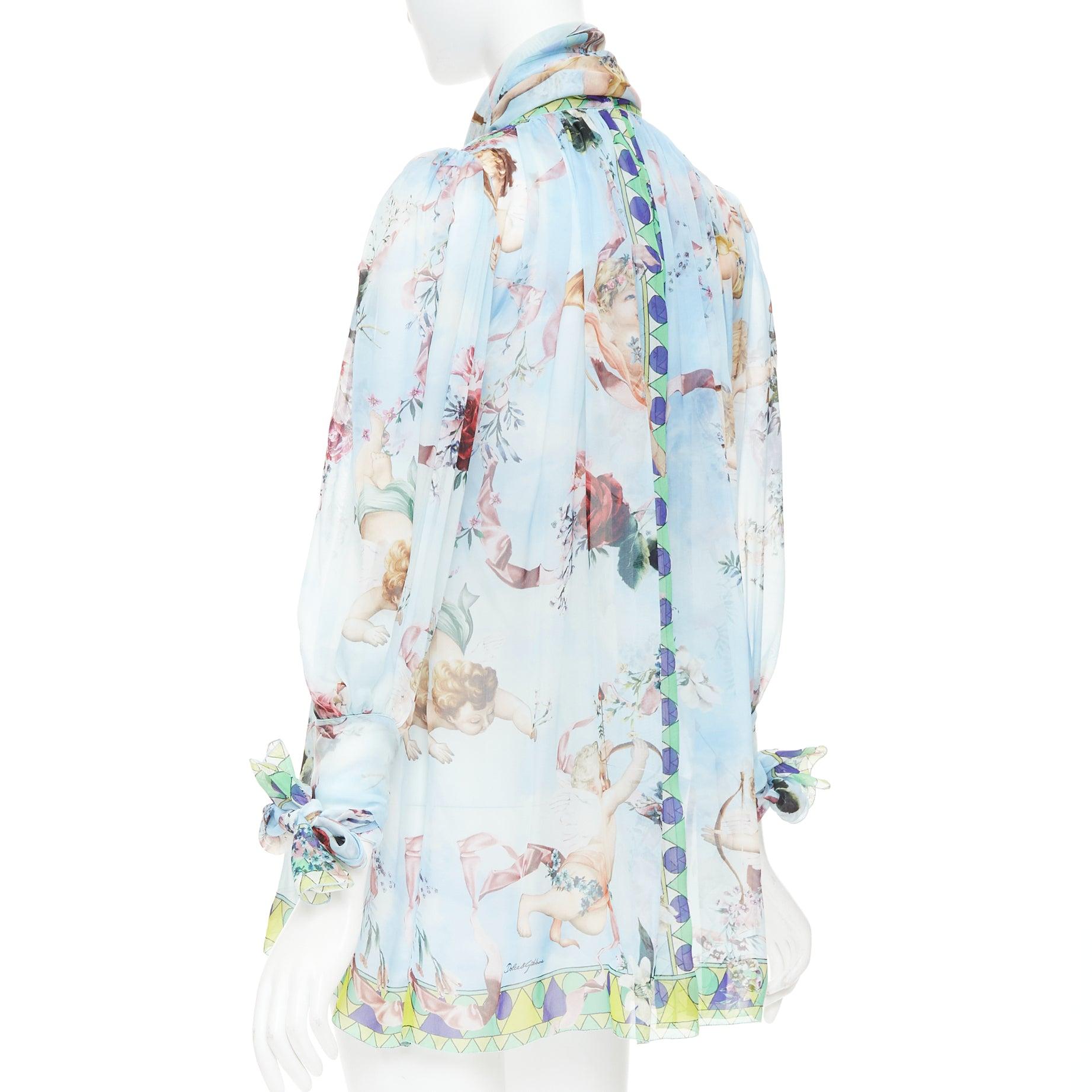 DOLCE GABBANA  100% silk blue Cherub Cupids print pussybow sheer blouse IT40 S im Angebot 1