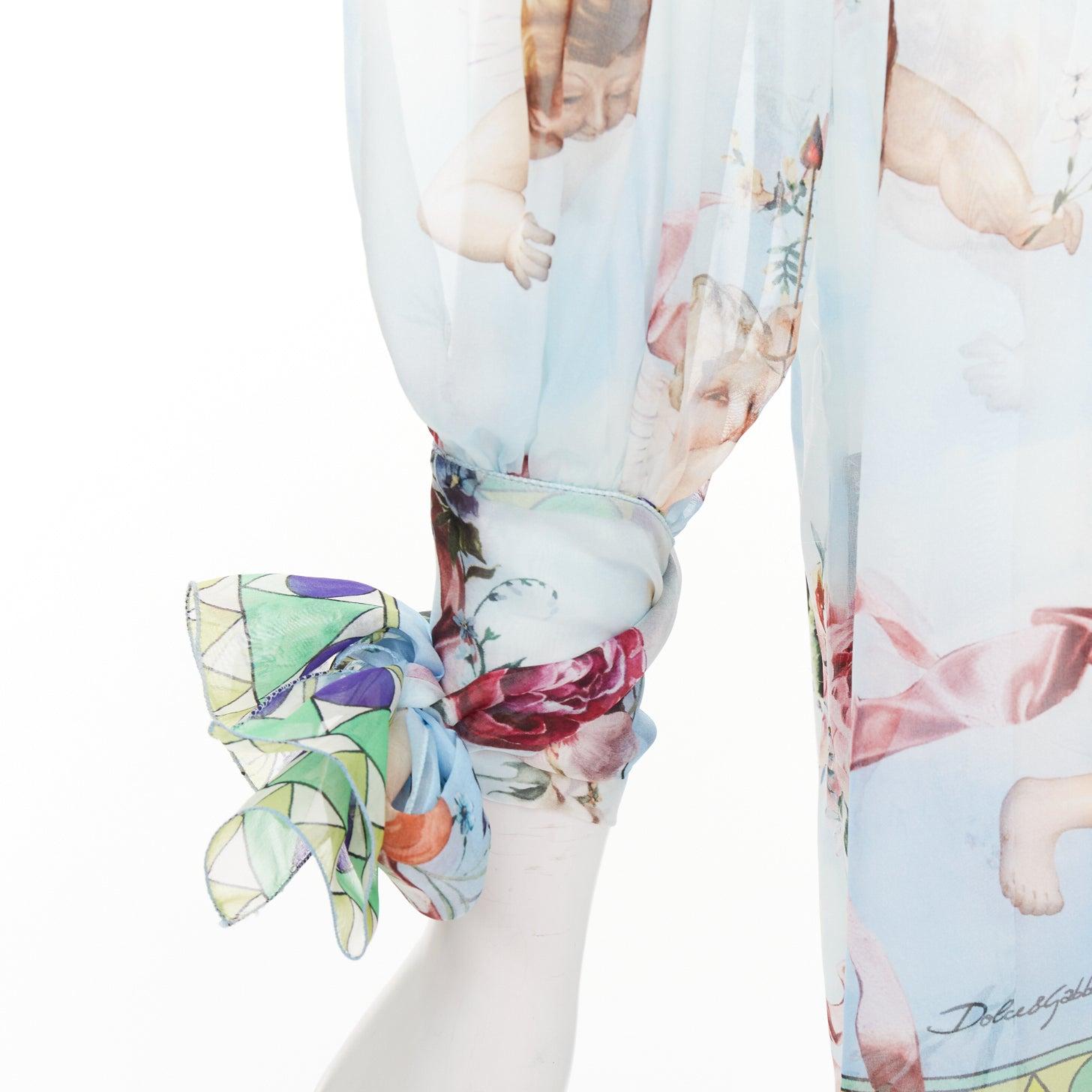 DOLCE GABBANA  100% silk blue Cherub Cupids print pussybow sheer blouse IT40 S im Angebot 2