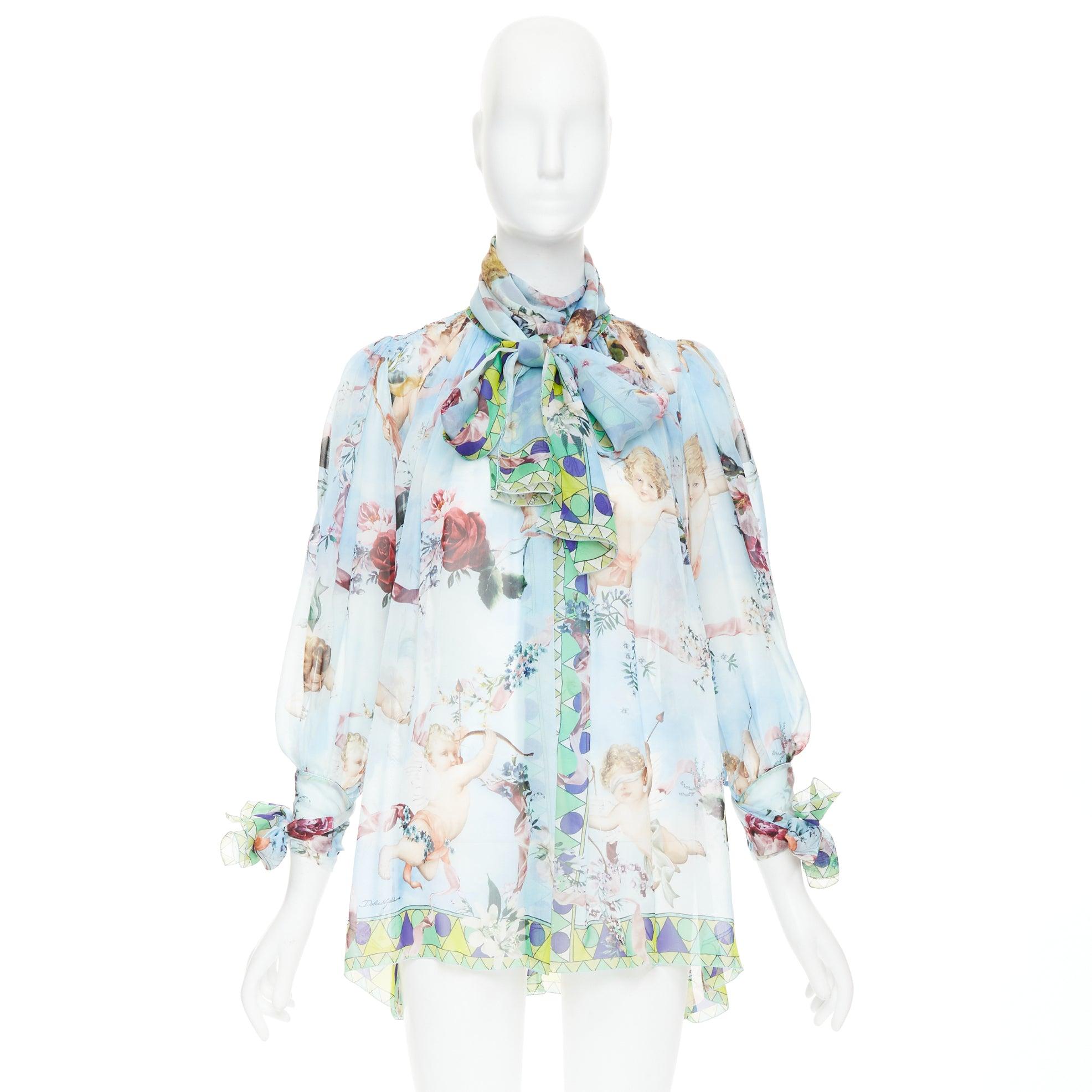 DOLCE GABBANA  100% silk blue Cherub Cupids print pussybow sheer blouse IT40 S im Angebot 4
