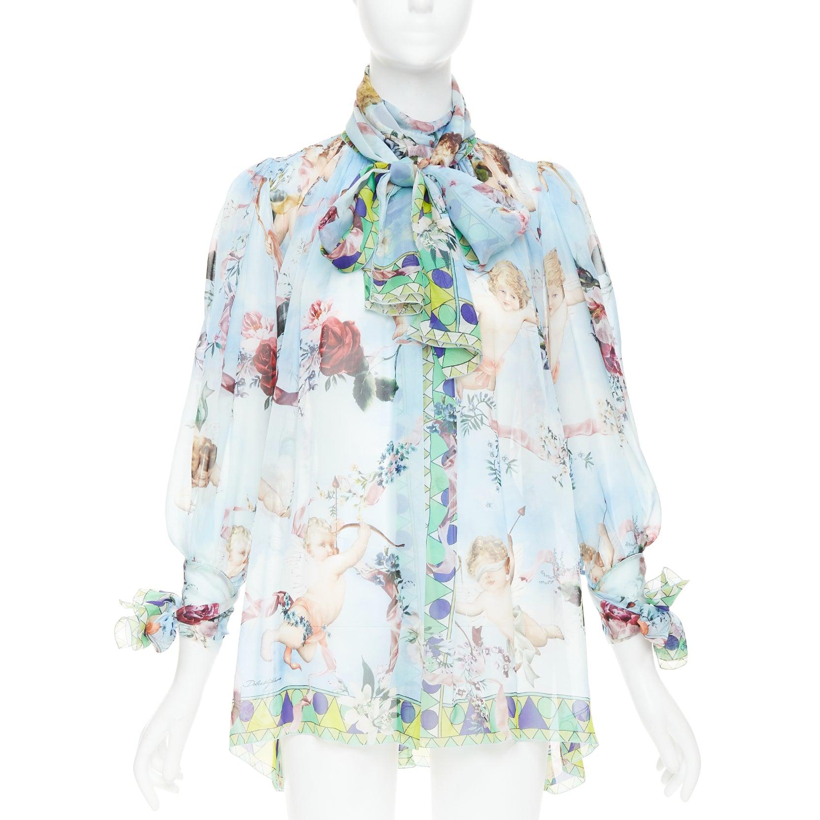 DOLCE GABBANA  100% silk blue Cherub Cupids print pussybow sheer blouse IT40 S im Angebot