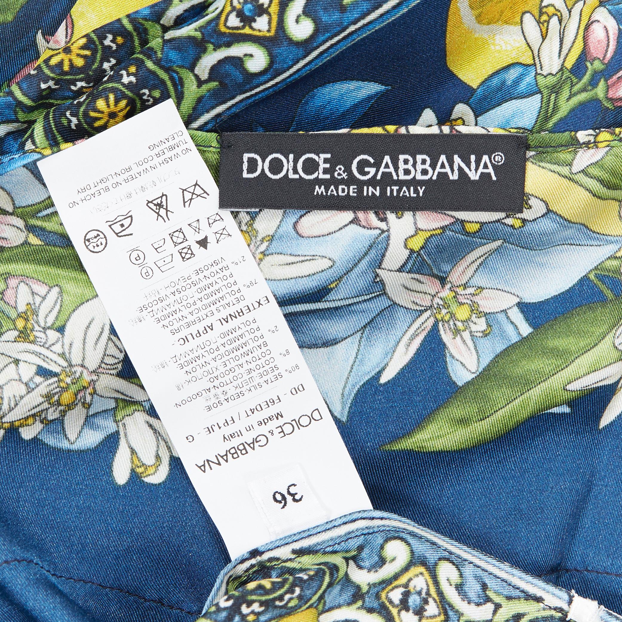 DOLCE GABBANA 100% silk blue Majolica lemon print lace applique mini dress IT36 2