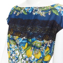 DOLCE GABBANA 100% silk blue Majolica lemon print lace applique mini dress IT36