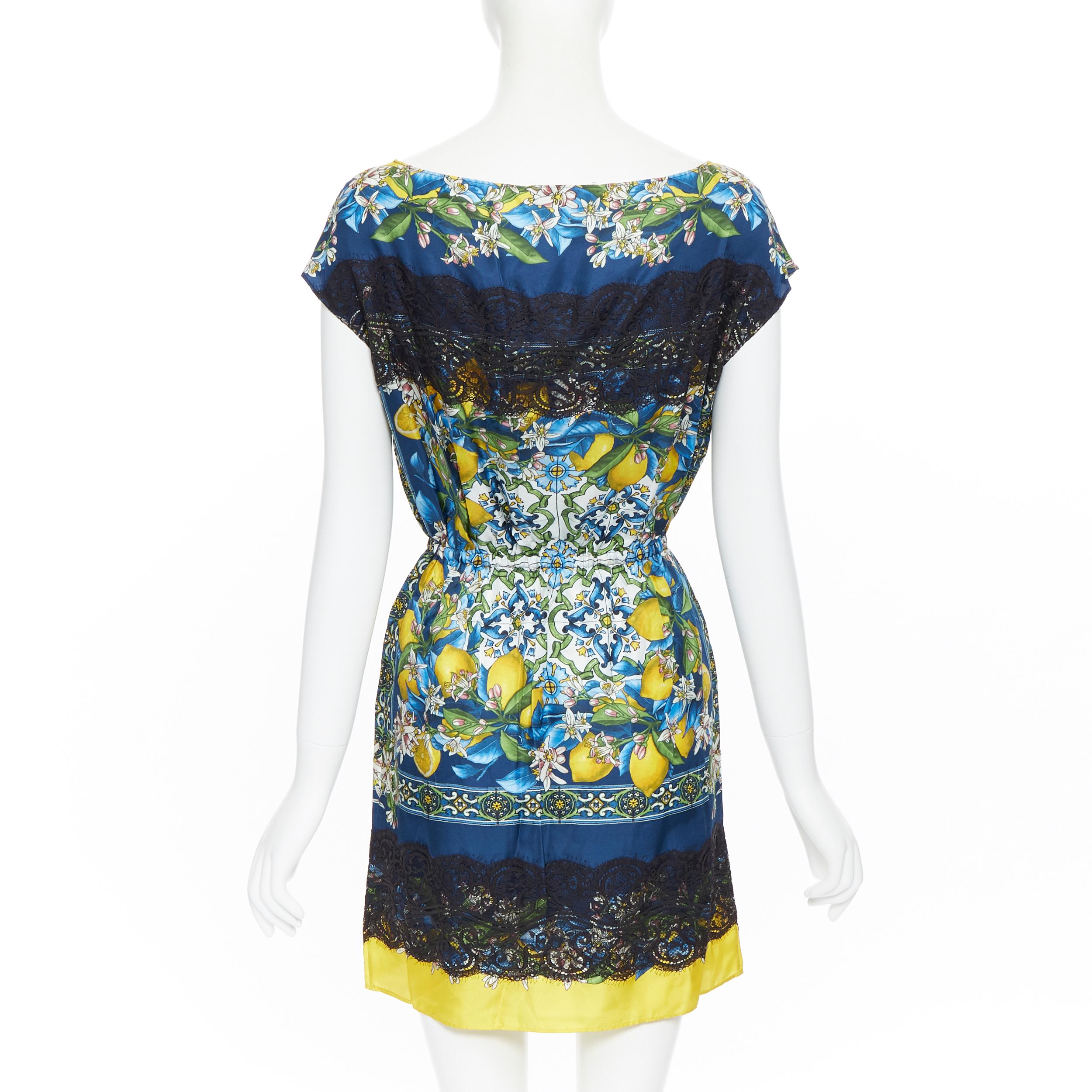 Gray DOLCE GABBANA 100% silk blue Majolica lemon print lace applique mini dress IT36