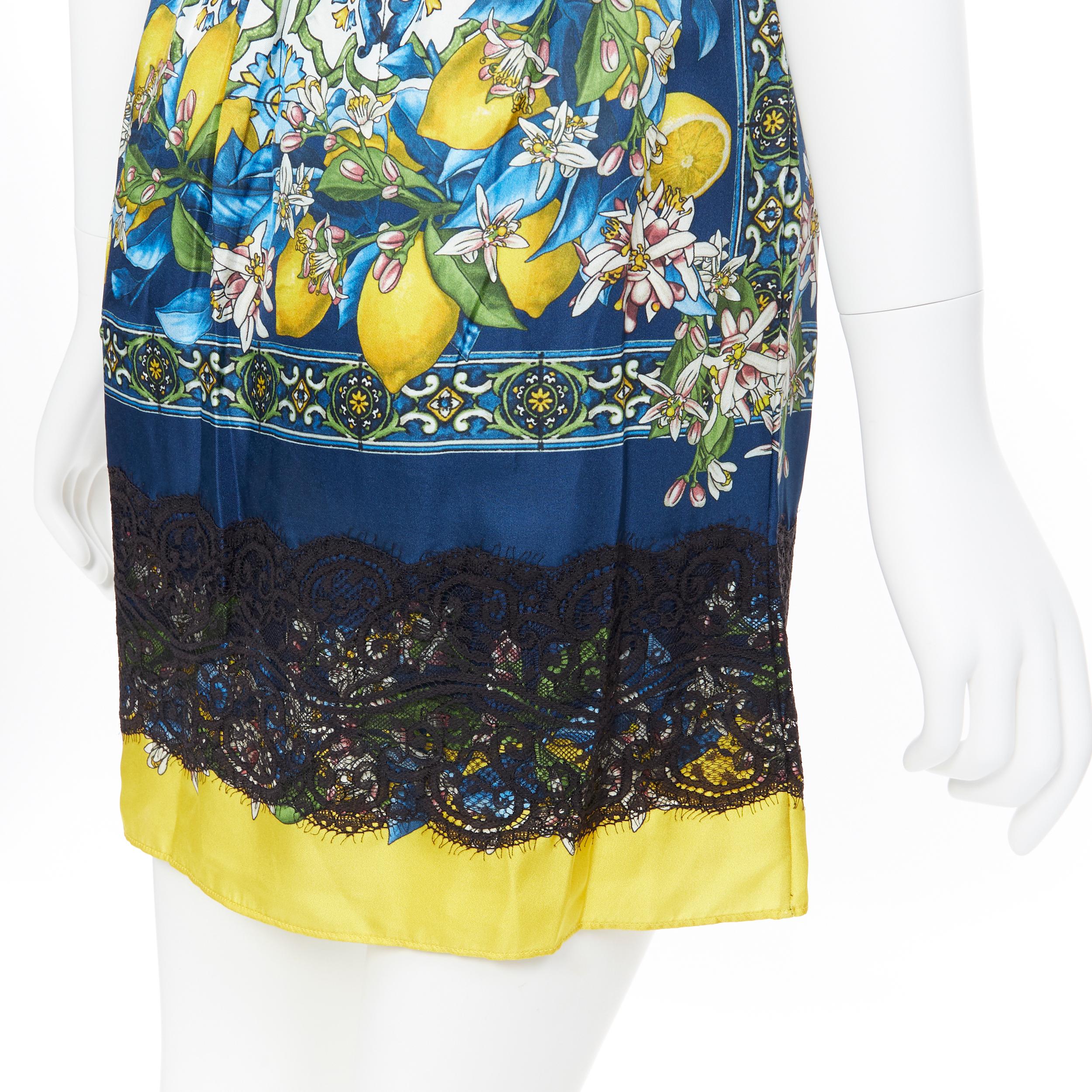DOLCE GABBANA 100% silk blue Majolica lemon print lace applique mini dress IT36 1