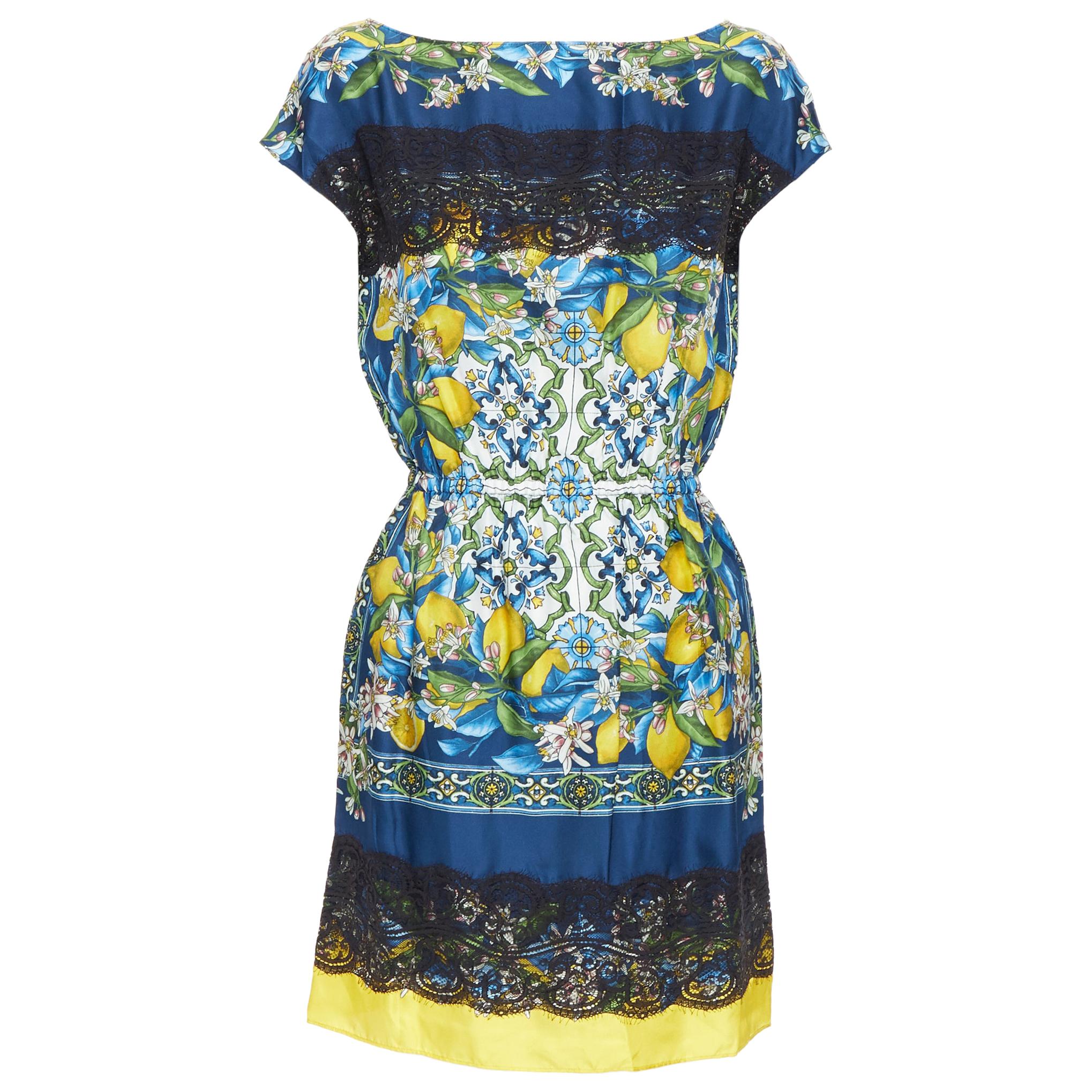 DOLCE GABBANA 100% silk blue Majolica lemon print lace applique mini dress IT36