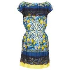 DOLCE GABBANA 100% silk blue Majolica lemon print lace applique mini dress IT36