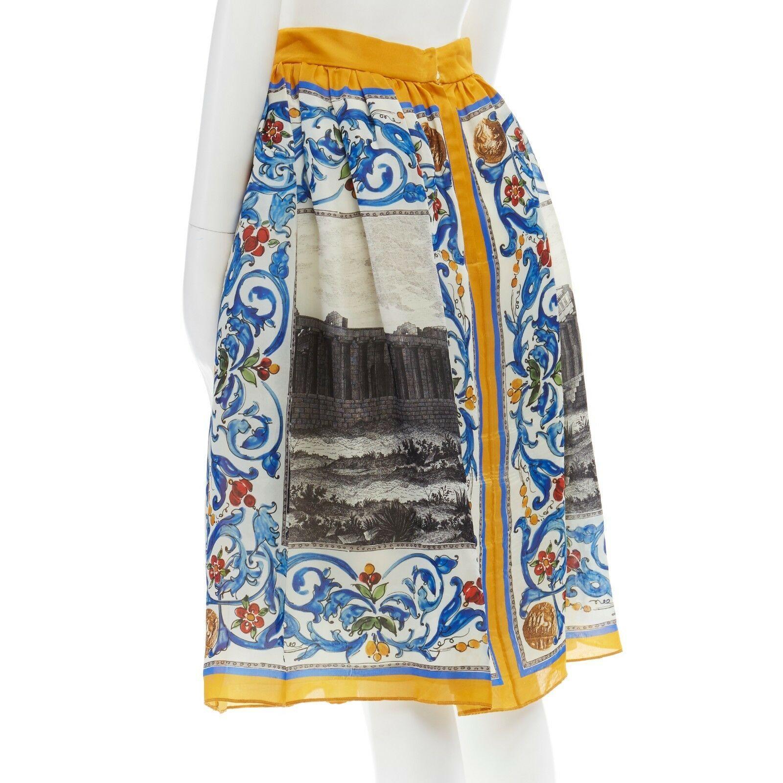 Women's DOLCE GABBANA 100% silk blue yellow Majolica roman print flare skirt IT38 XS