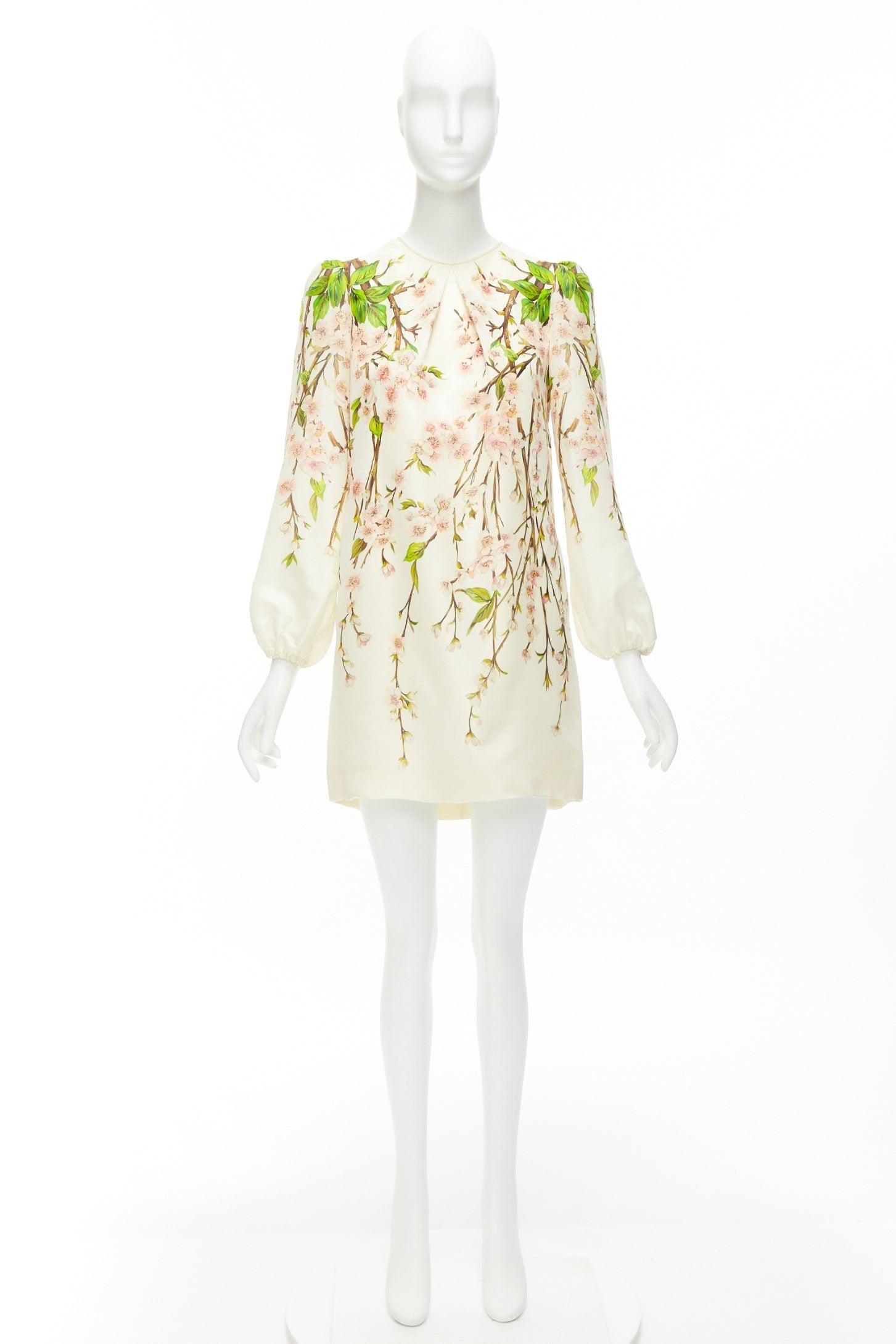 DOLCE GABBANA 100% silk cream cherry blossom print puff white dress IT40 S 6