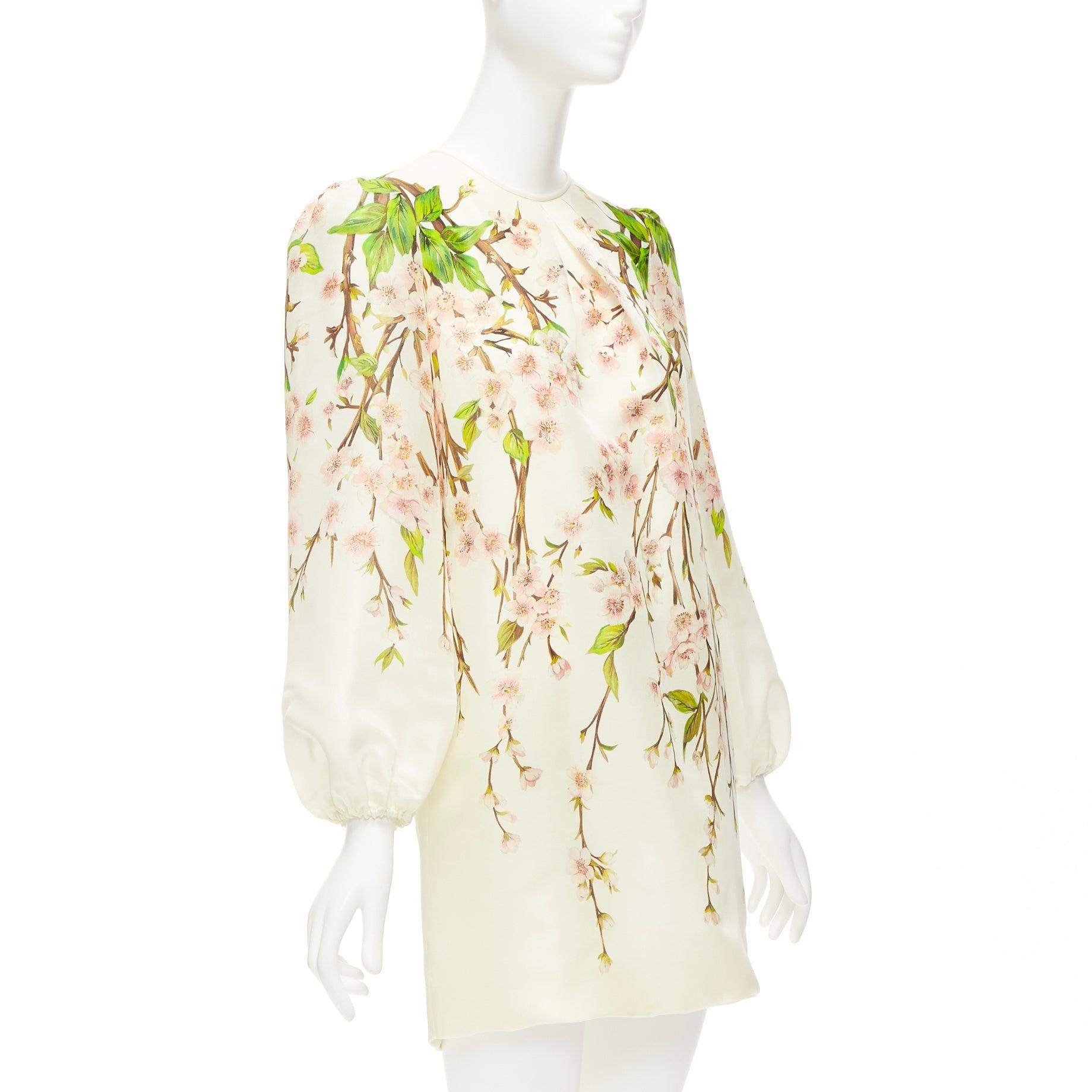 DOLCE GABBANA 100% silk cream cherry blossom print puff white dress IT40 S In Good Condition For Sale In Hong Kong, NT