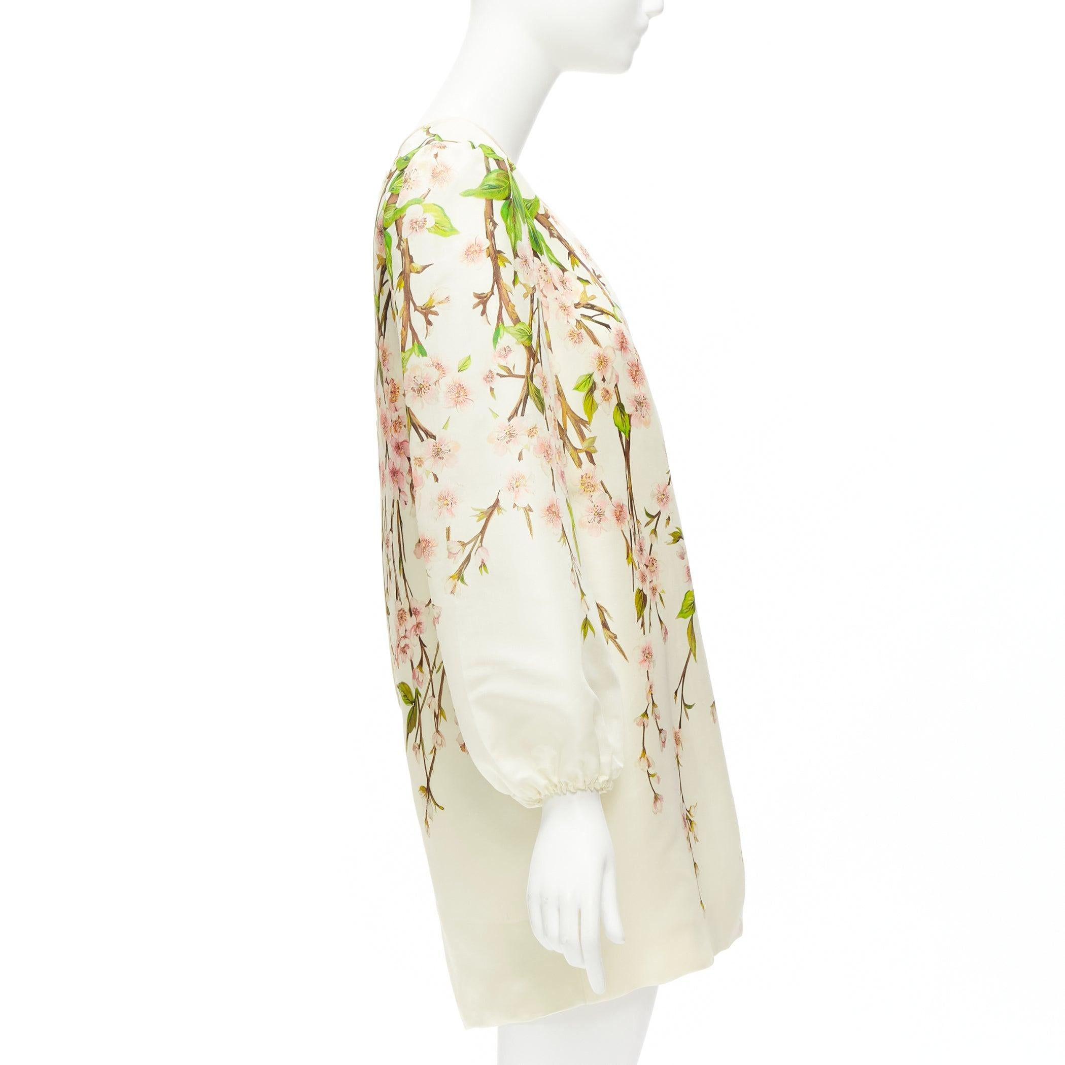 Women's DOLCE GABBANA 100% silk cream cherry blossom print puff white dress IT40 S