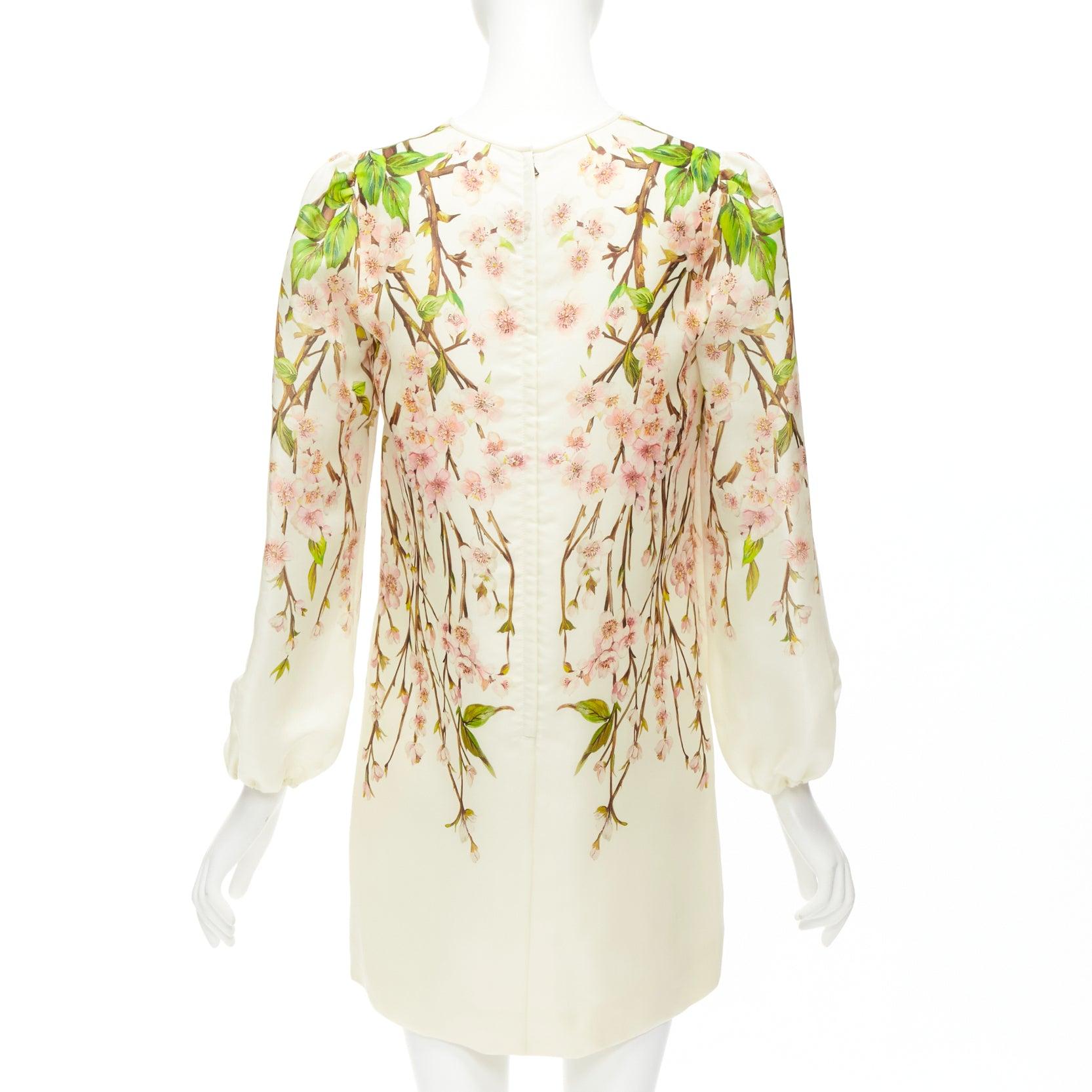 DOLCE GABBANA 100% silk cream cherry blossom print puff white dress IT40 S For Sale 1