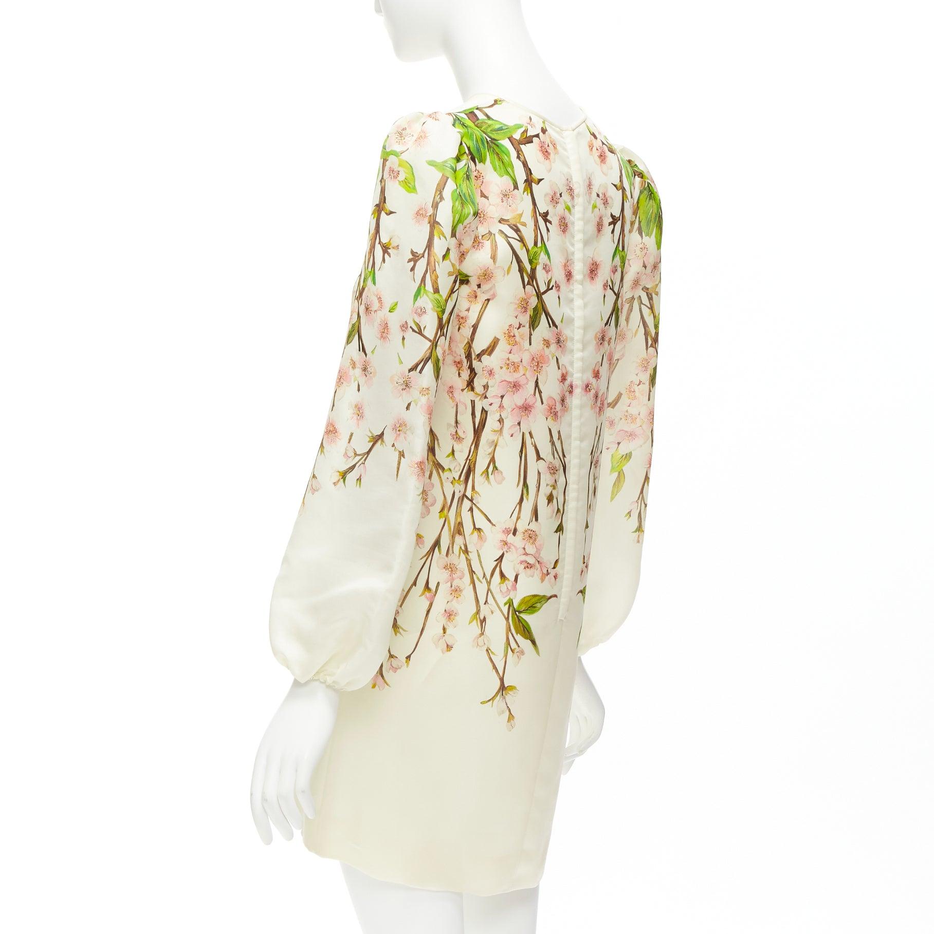 DOLCE GABBANA 100% silk cream cherry blossom print puff white dress IT40 S For Sale 2