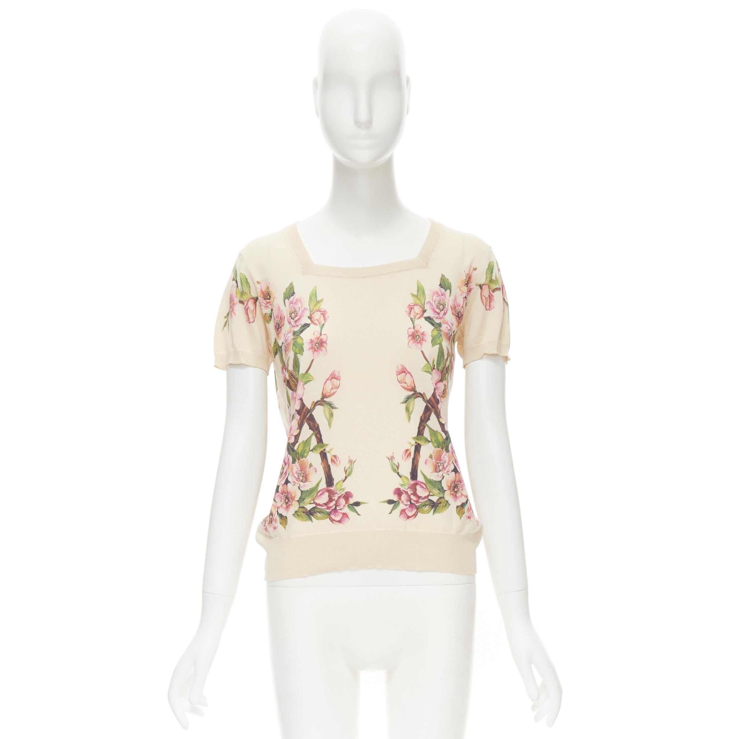 DOLCE GABBANA 100% silk cream pink blossom square neck sweater IT36 XS 5