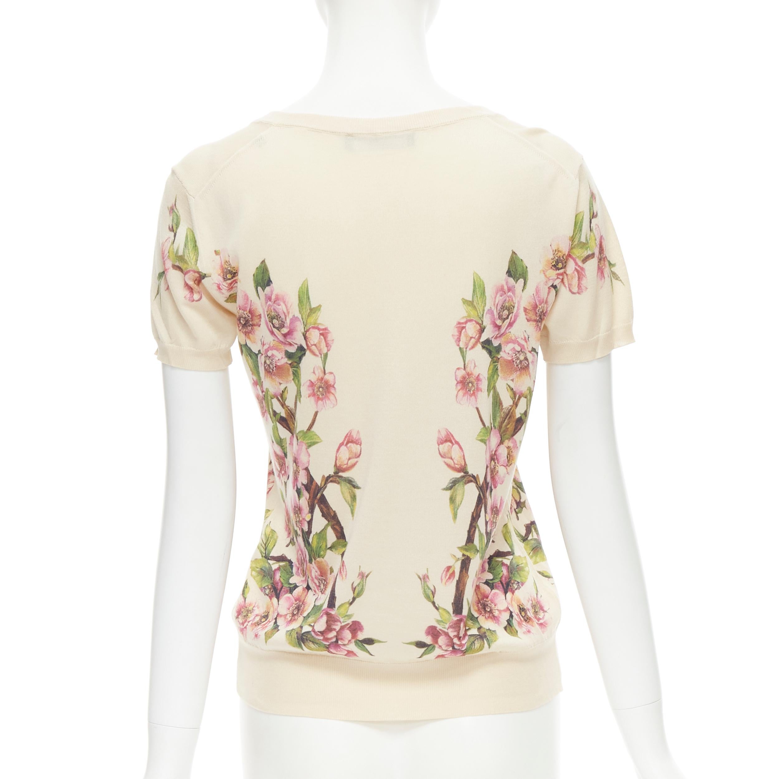 White DOLCE GABBANA 100% silk cream pink blossom square neck sweater IT36 XS