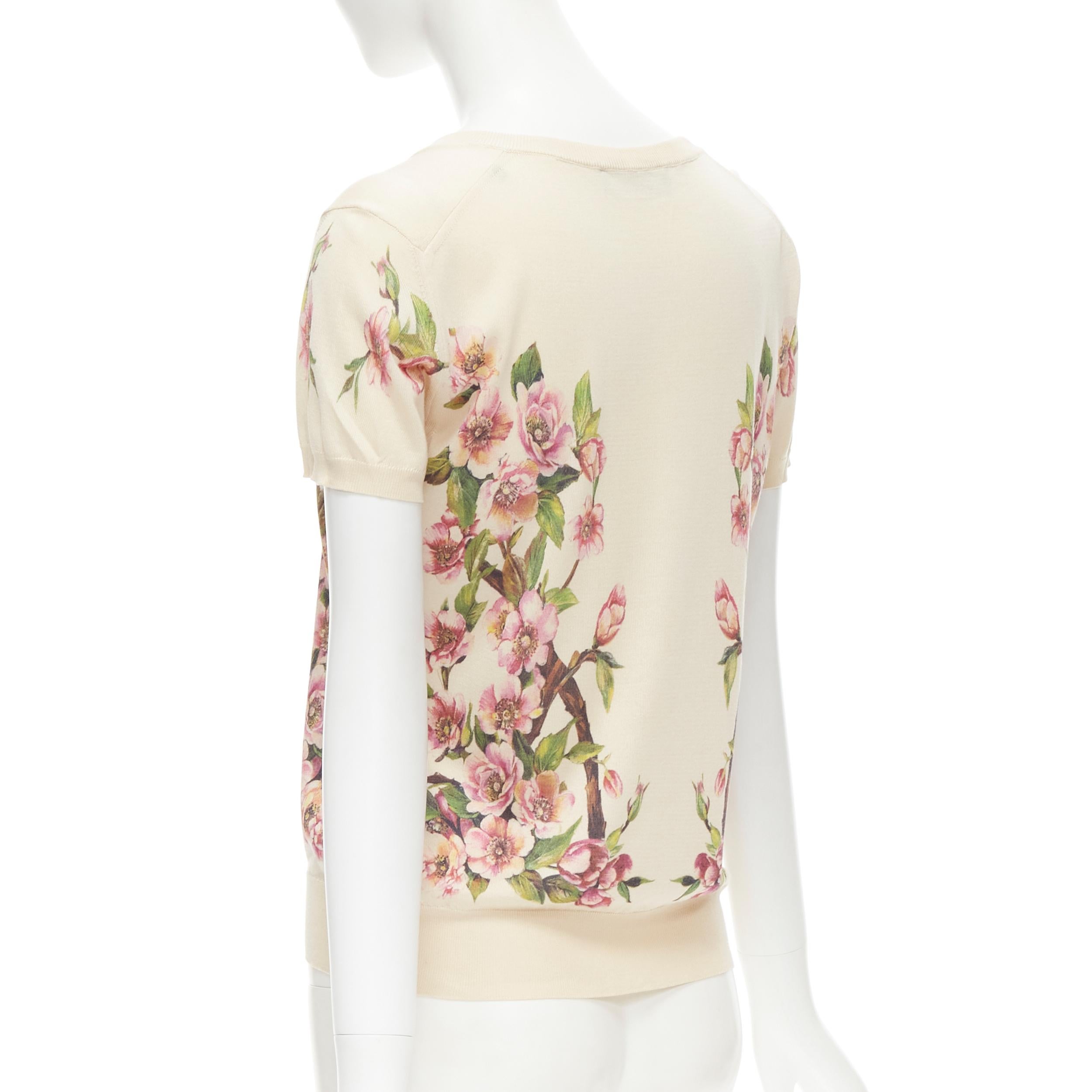 DOLCE GABBANA 100% silk cream pink blossom square neck sweater IT36 XS In Excellent Condition In Hong Kong, NT