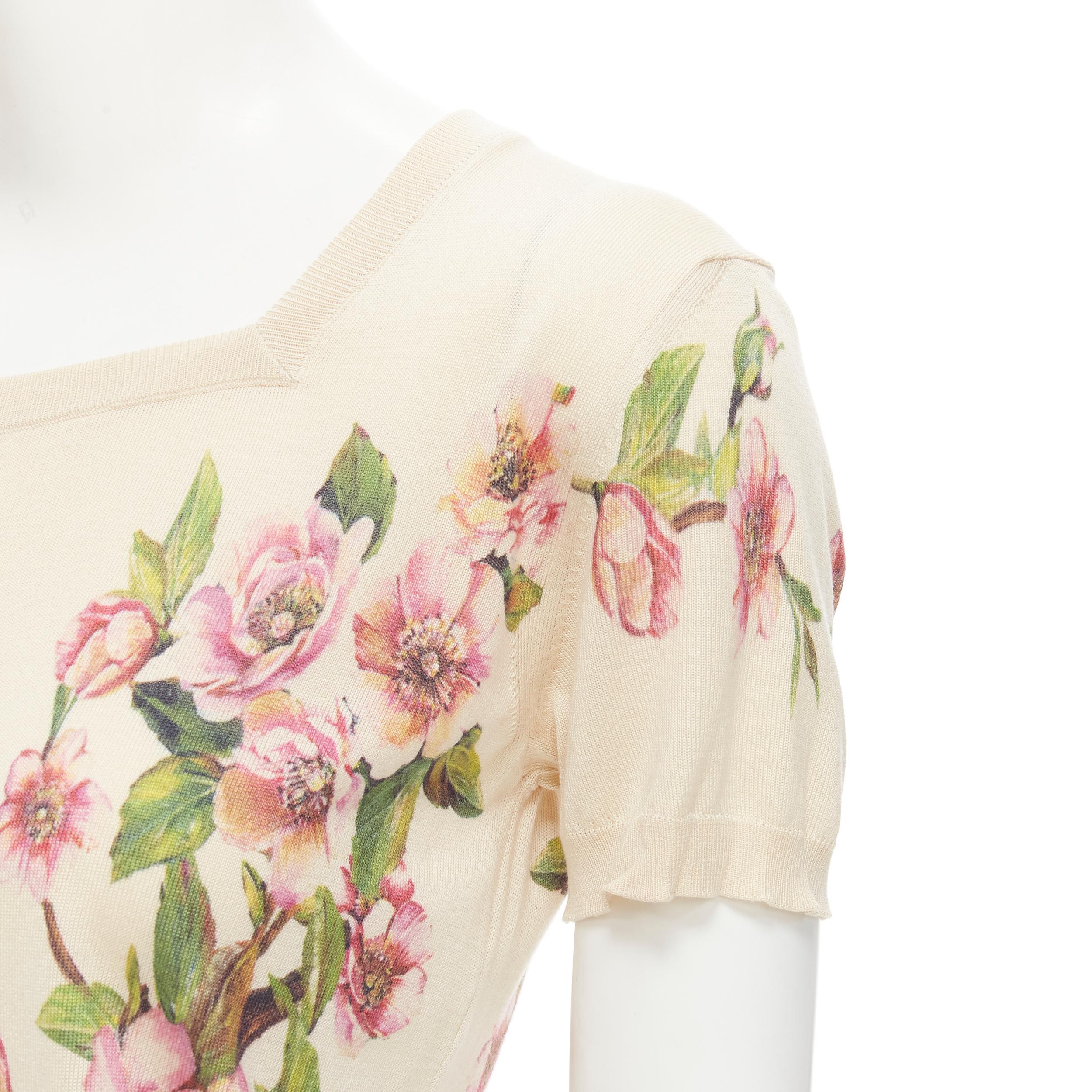 Women's DOLCE GABBANA 100% silk cream pink blossom square neck sweater IT36 XS