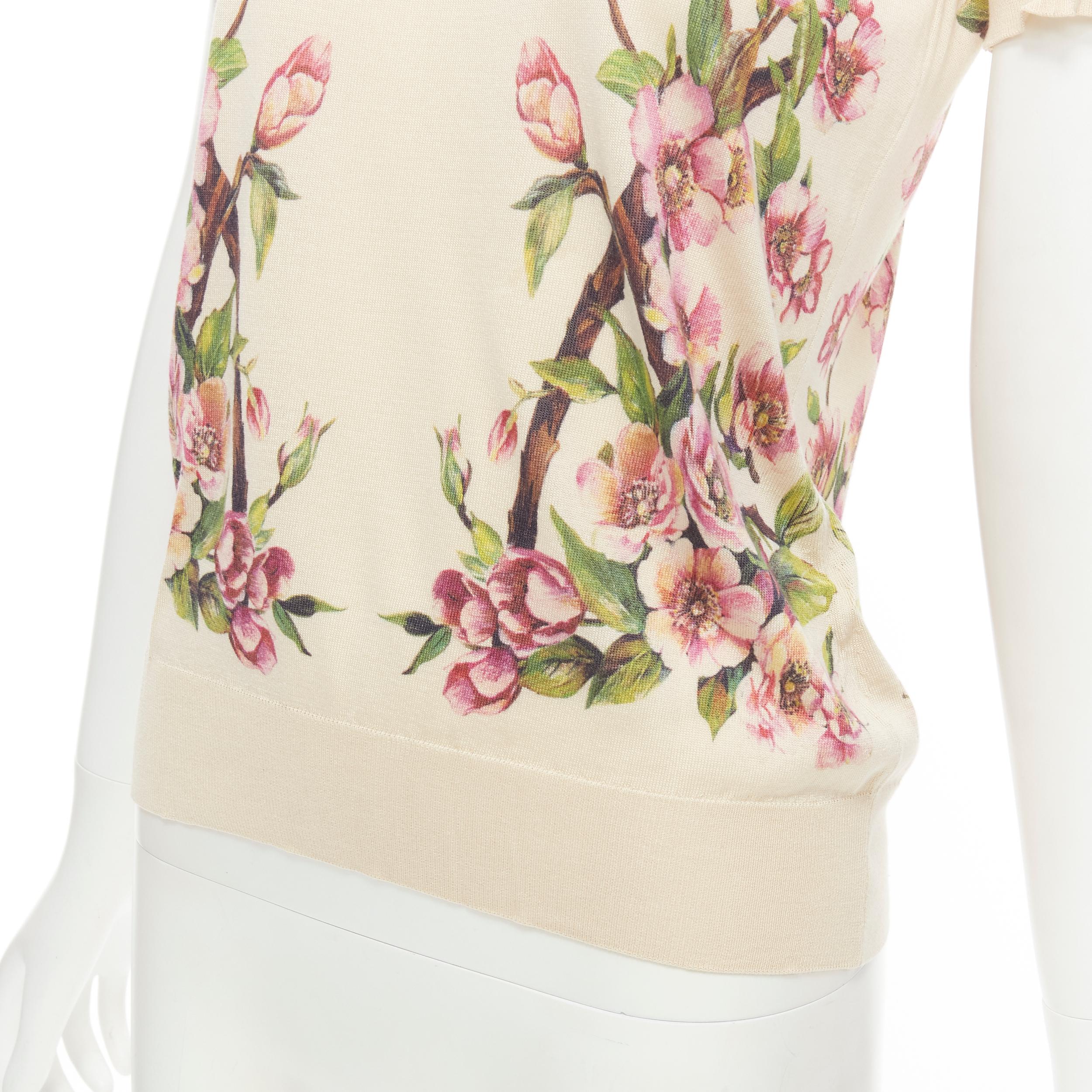 DOLCE GABBANA 100% silk cream pink blossom square neck sweater IT36 XS 2
