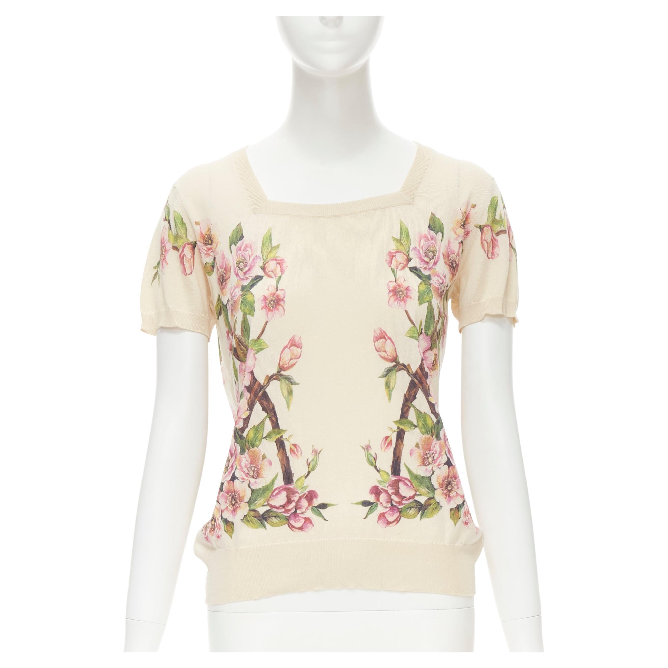 DOLCE GABBANA 100% silk cream pink blossom square neck sweater IT36 XS