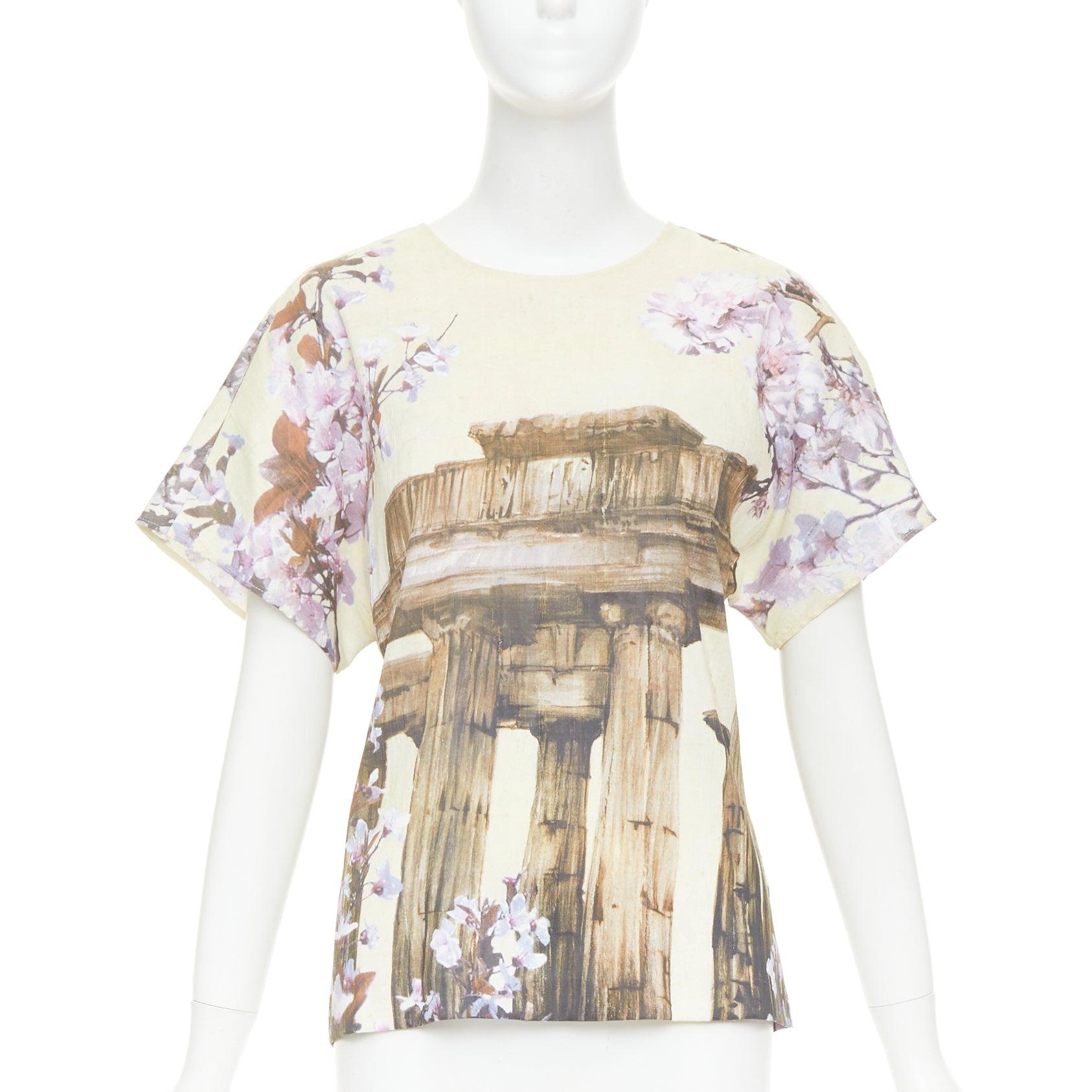 DOLCE GABBANA 100% silk cream purple Rome Ruins floral print boxy top IT38 XS