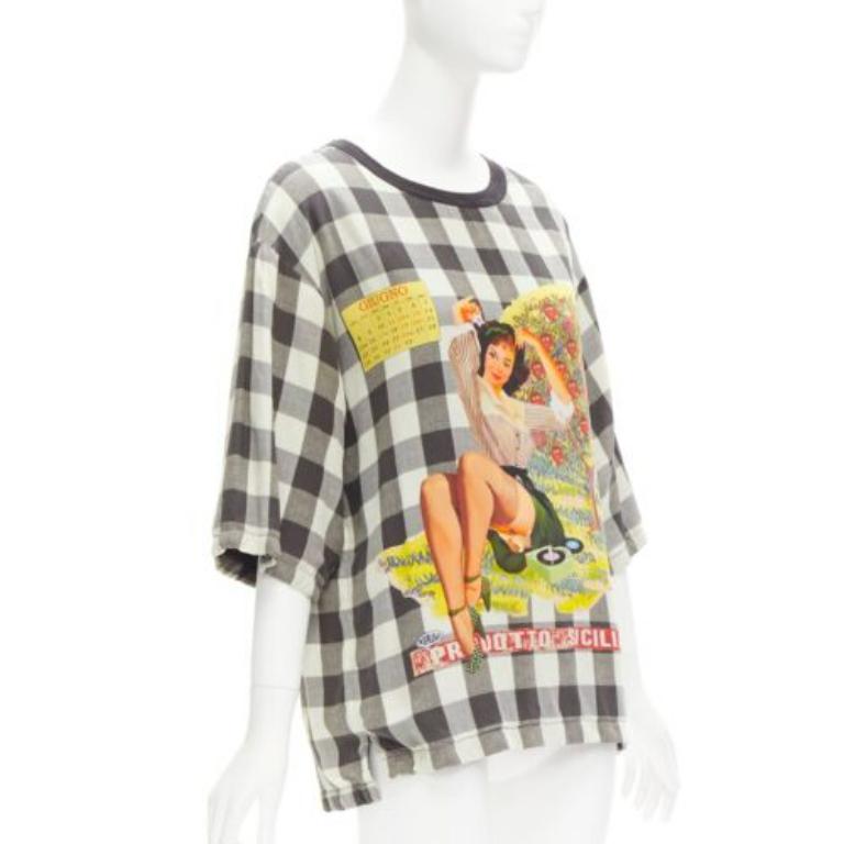 Beige DOLCE & Gabbana 100% seta pinup girl stampa a scacchi tshirt boxy top IT44 L in vendita