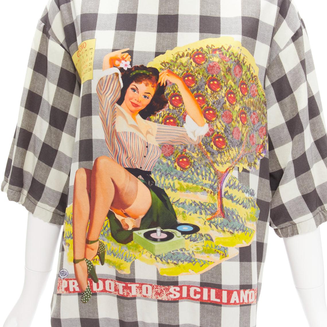 DOLCE GABBANA 100% silk pinup girl print checkered boxy tshirt top IT44 L For Sale 1