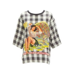 DOLCE GABBANA 100% silk pinup girl print checkered boxy tshirt top IT44 L