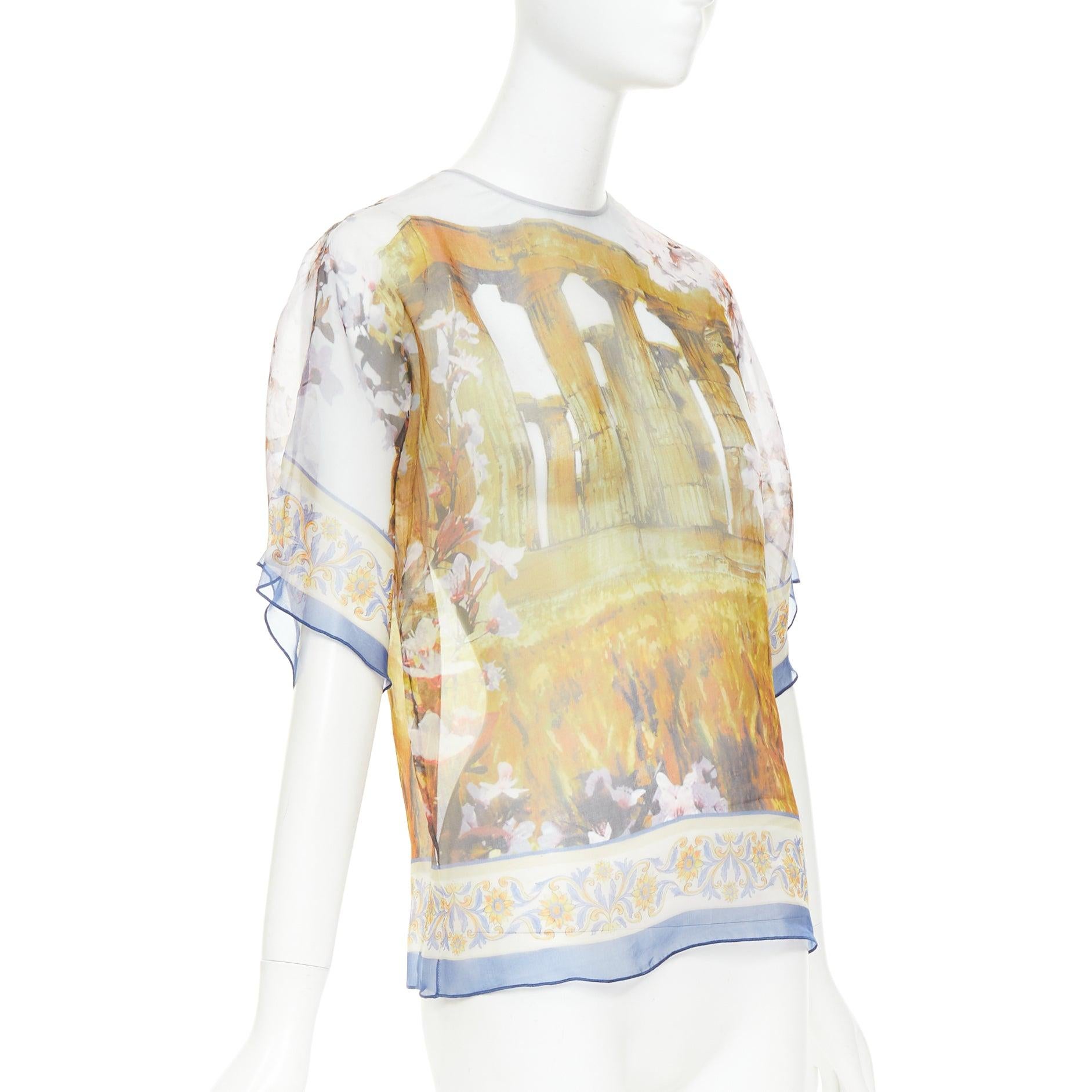 Beige DOLCE GABBANA 100% silk sheer Rome Ruins floral print keyhole top IT36 XXS en vente