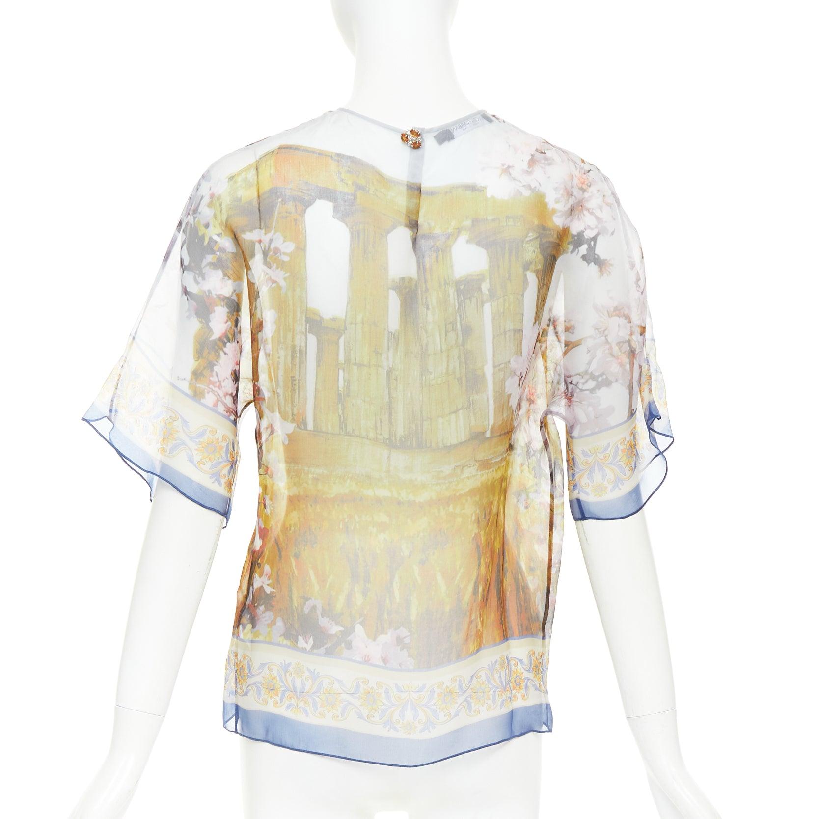 DOLCE GABBANA 100% silk sheer Rome Ruins floral print keyhole top IT36 XXS Pour femmes en vente