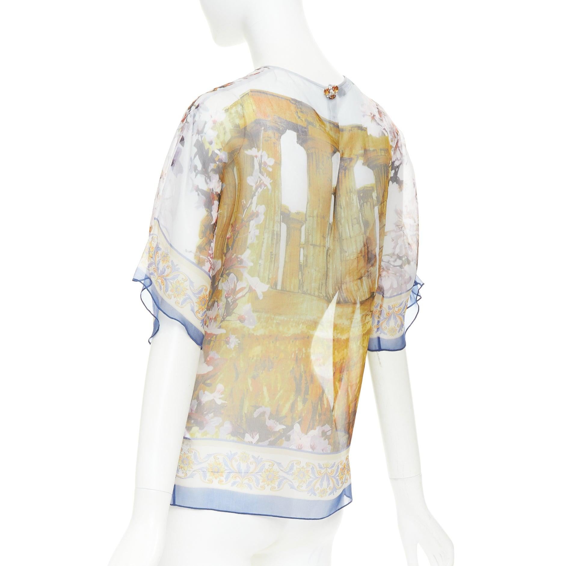 DOLCE GABBANA 100% silk sheer Rome Ruins floral print keyhole top IT36 XXS en vente 1