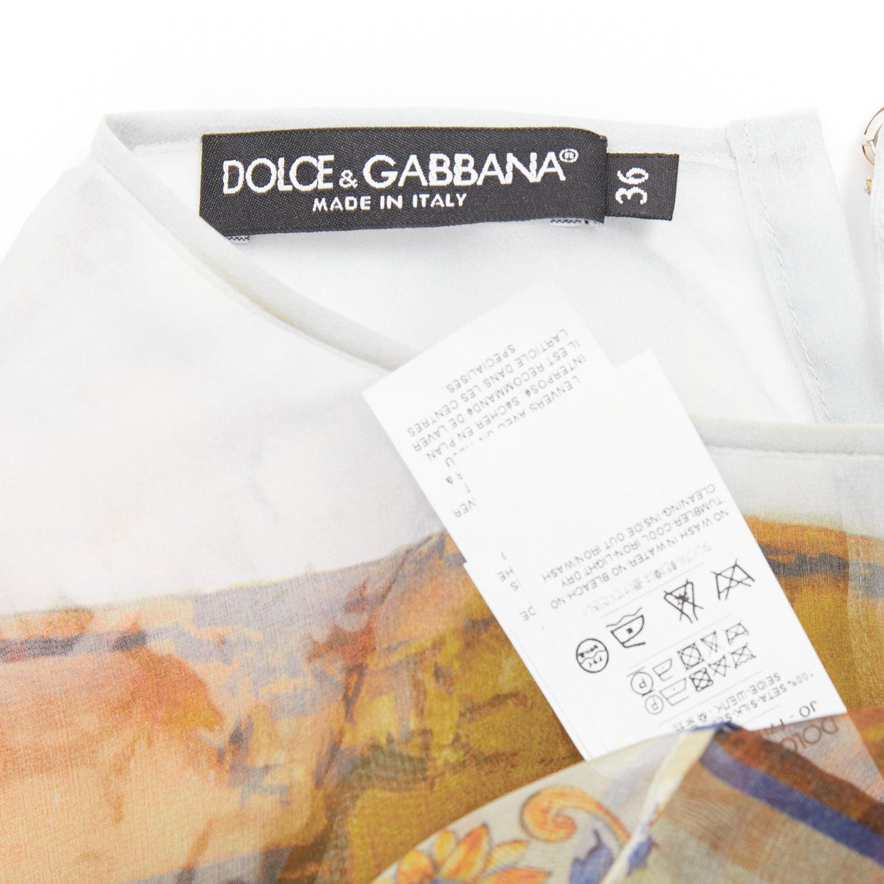 DOLCE GABBANA 100% silk sheer Rome Ruins floral print keyhole top IT36 XXS en vente 3