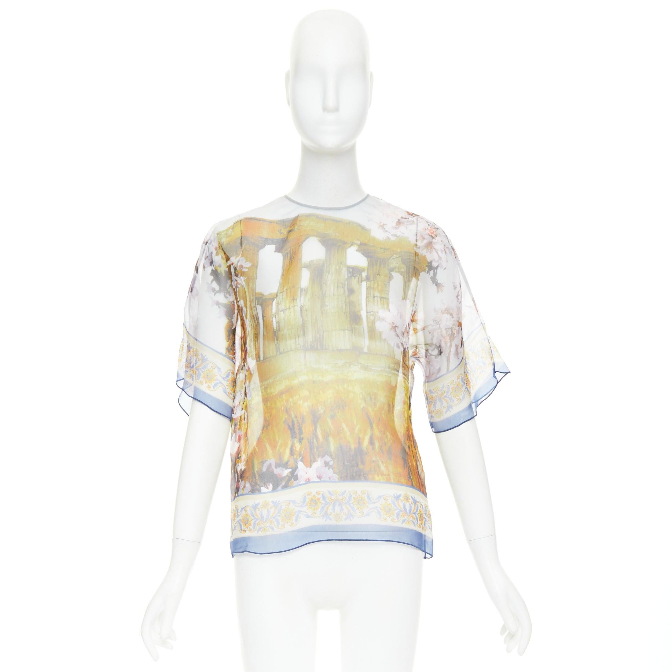 DOLCE GABBANA 100% silk sheer Rome Ruins floral print keyhole top IT36 XXS en vente 4