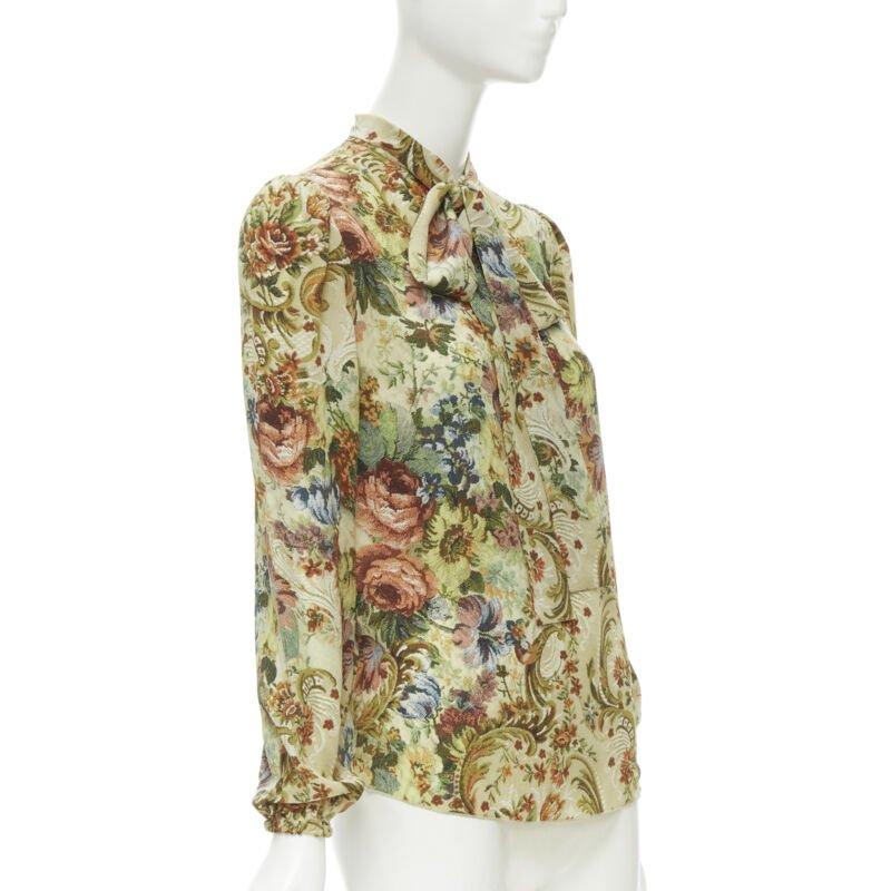 Beige DOLCE GABBANA 100% silk tapestry floral print tie neck blouse top shirt IT36 XS For Sale