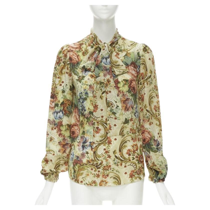 DOLCE GABBANA 100% silk tapestry floral print tie neck blouse top shirt IT36 XS For Sale