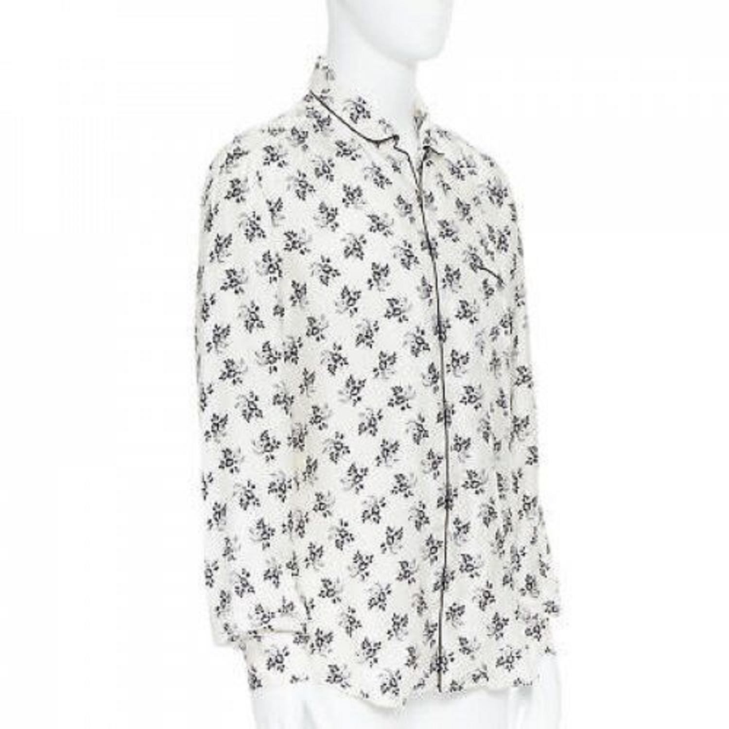 Gray DOLCE GABBANA 100% silk white floral silk print pajama collar casual shirt IT4 M For Sale
