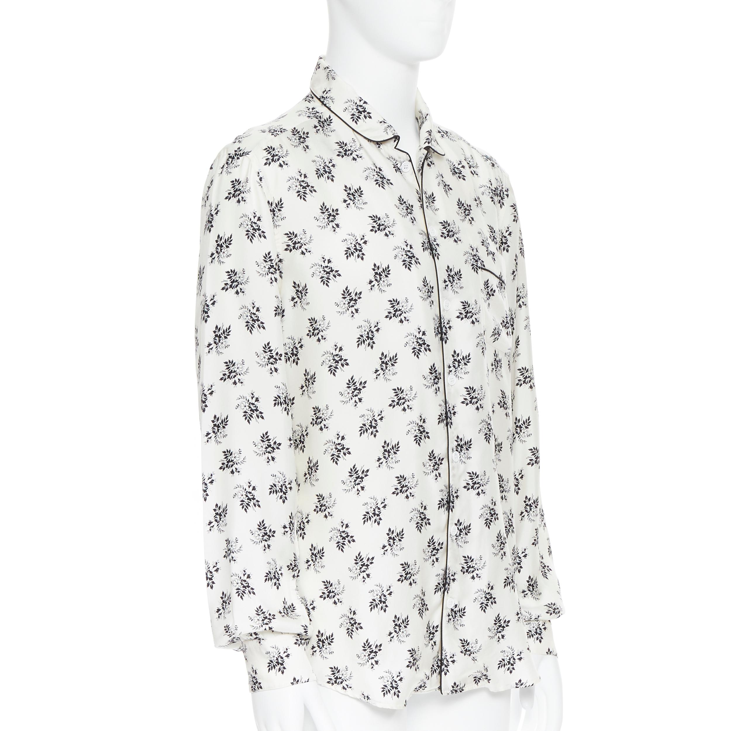 Gray DOLCE GABBANA 100% silk white floral silk print pajama collar casual shirt IT4 M
