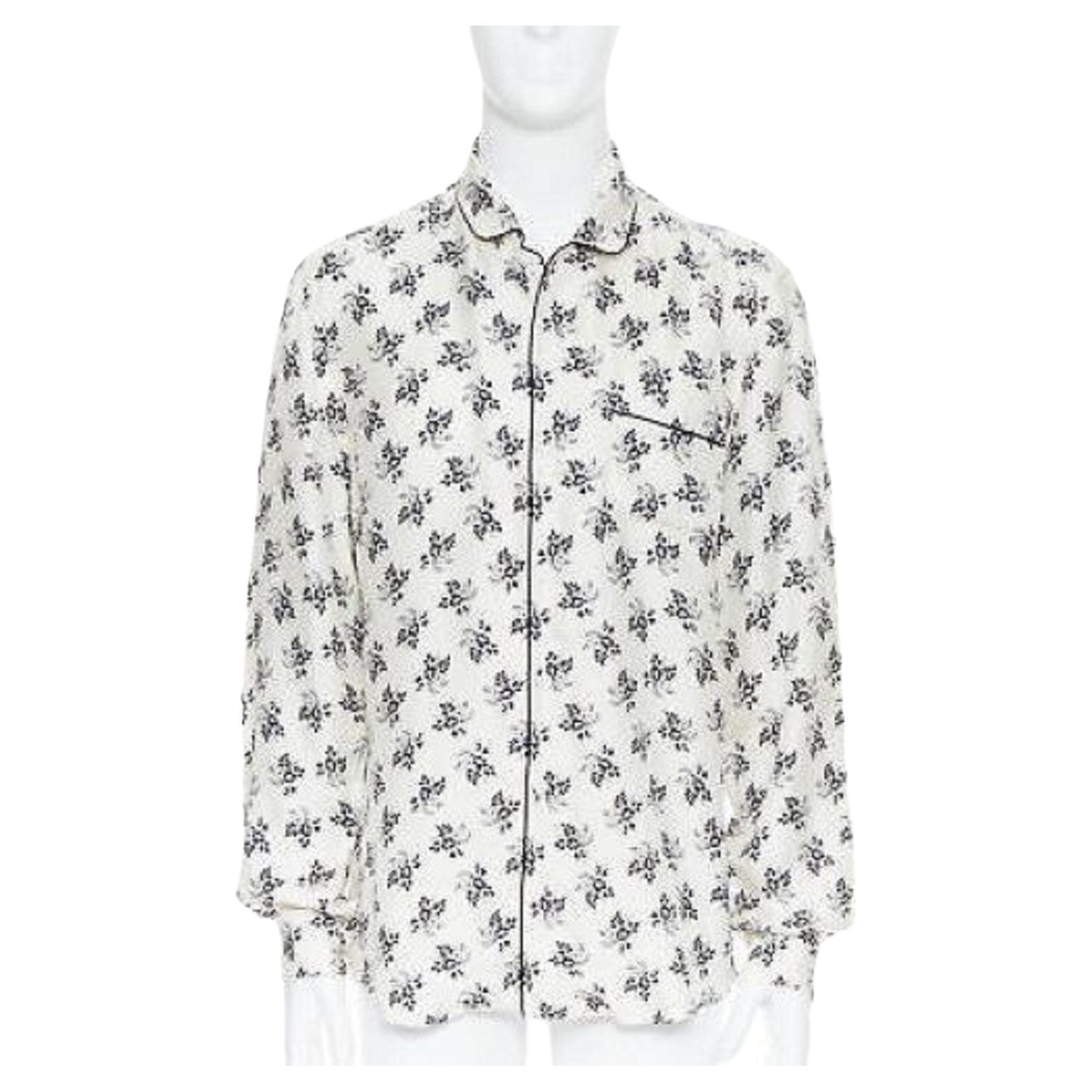 DOLCE GABBANA 100% silk white floral silk print pajama collar casual shirt IT4 M For Sale