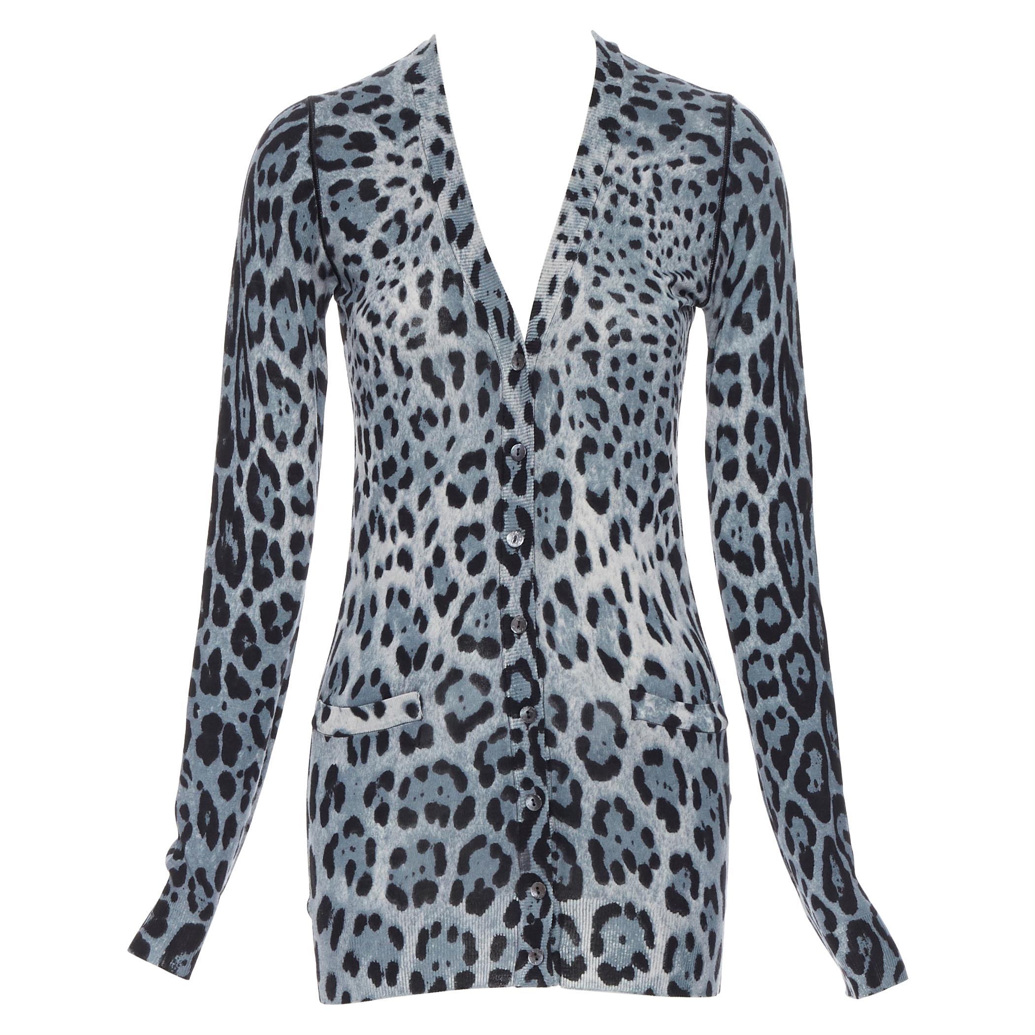 DOLCE GABBANA 100% virgin wool blue grey leopard dual pocket cardigan IT36 S
