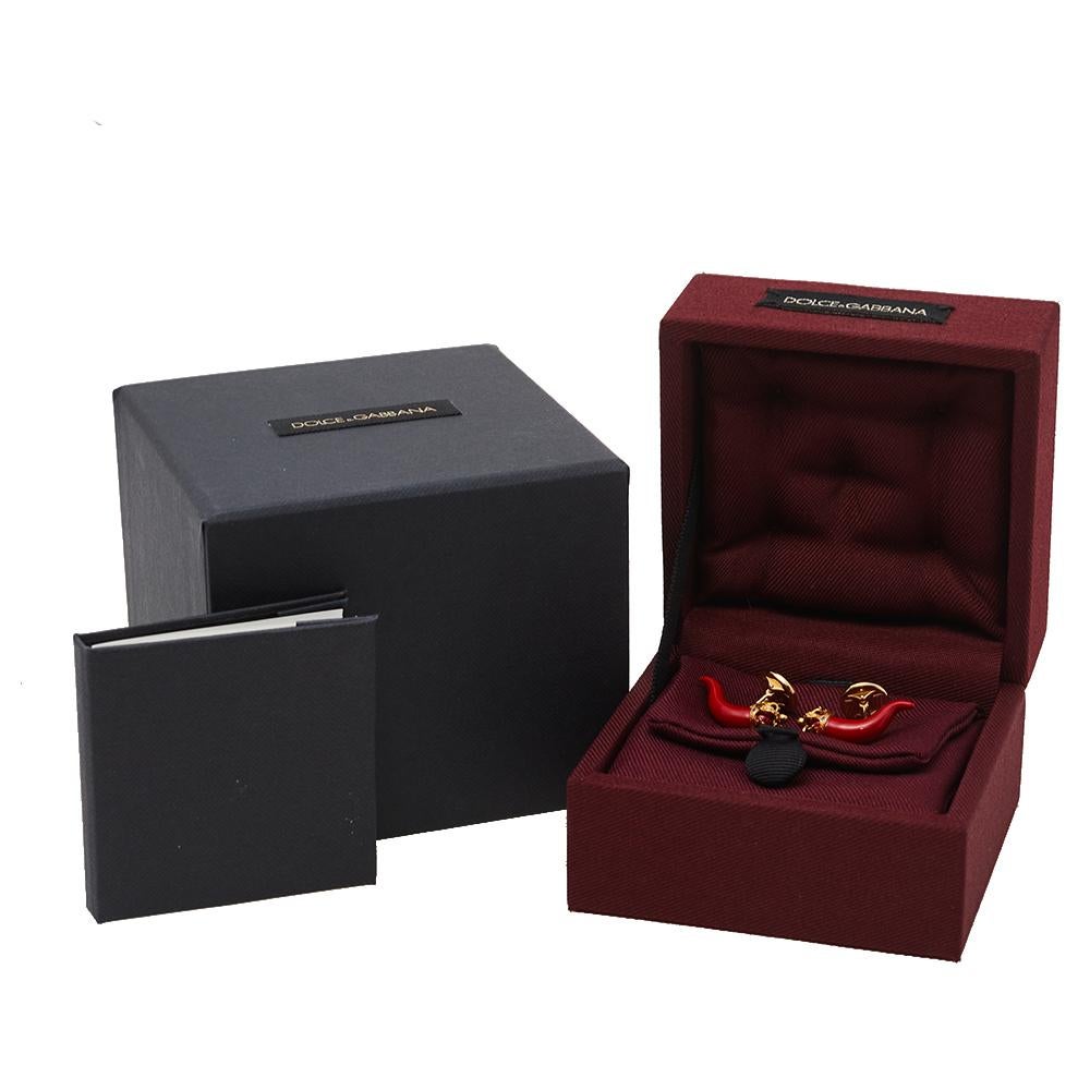 Contemporary Dolce & Gabbana 18K Yellow Gold Red Enameled Good Luck Cufflinks