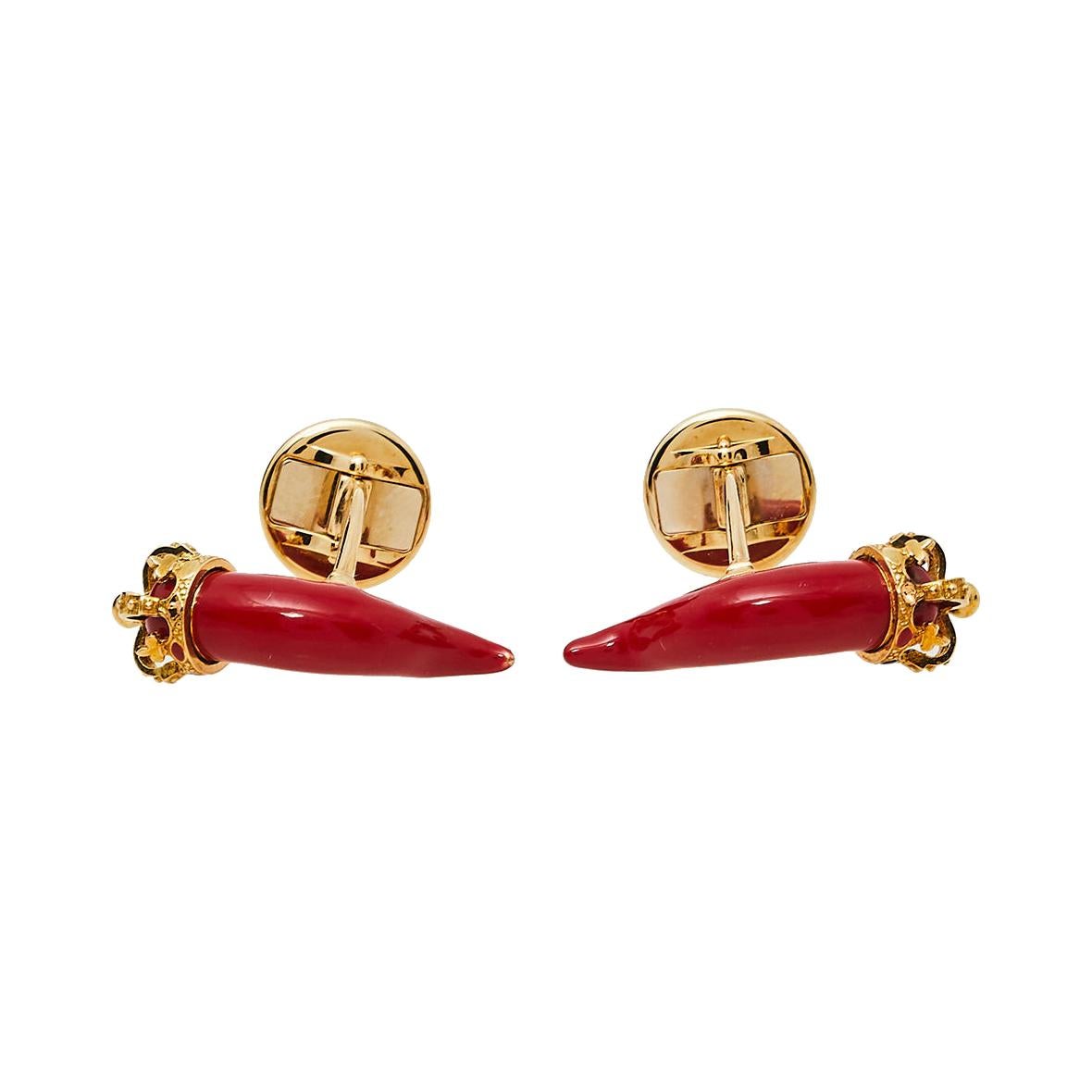Dolce & Gabbana 18K Yellow Gold Red Enameled Good Luck Cufflinks